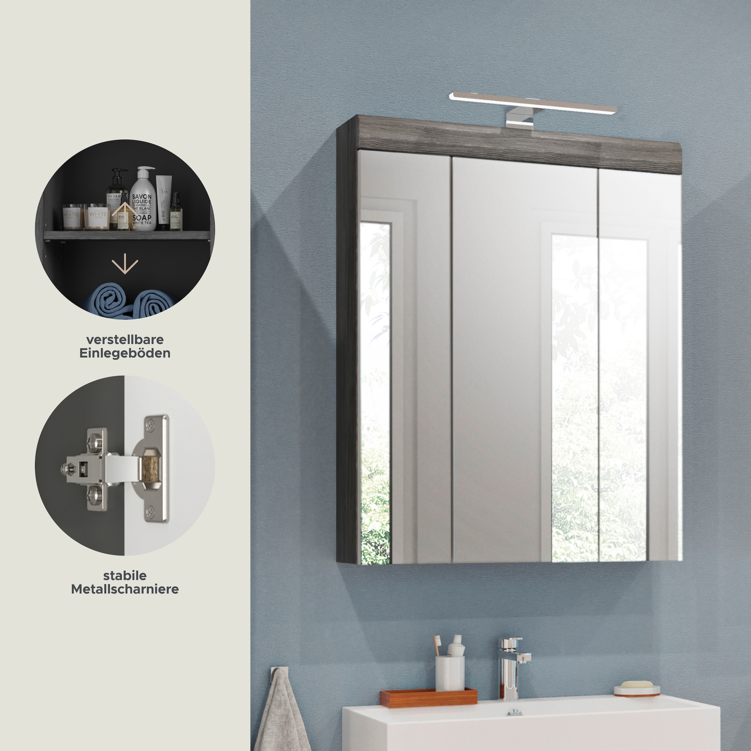 INOSIGN Spiegelschrank »Siena, Breite 60cm, inkl. Beleuchtung, 3 Spiegeltüren, 9 Fächer«, (Set), in verschiedenen Farben erhältlich, Badmöbel, Spiegel, Badschrank, Bad