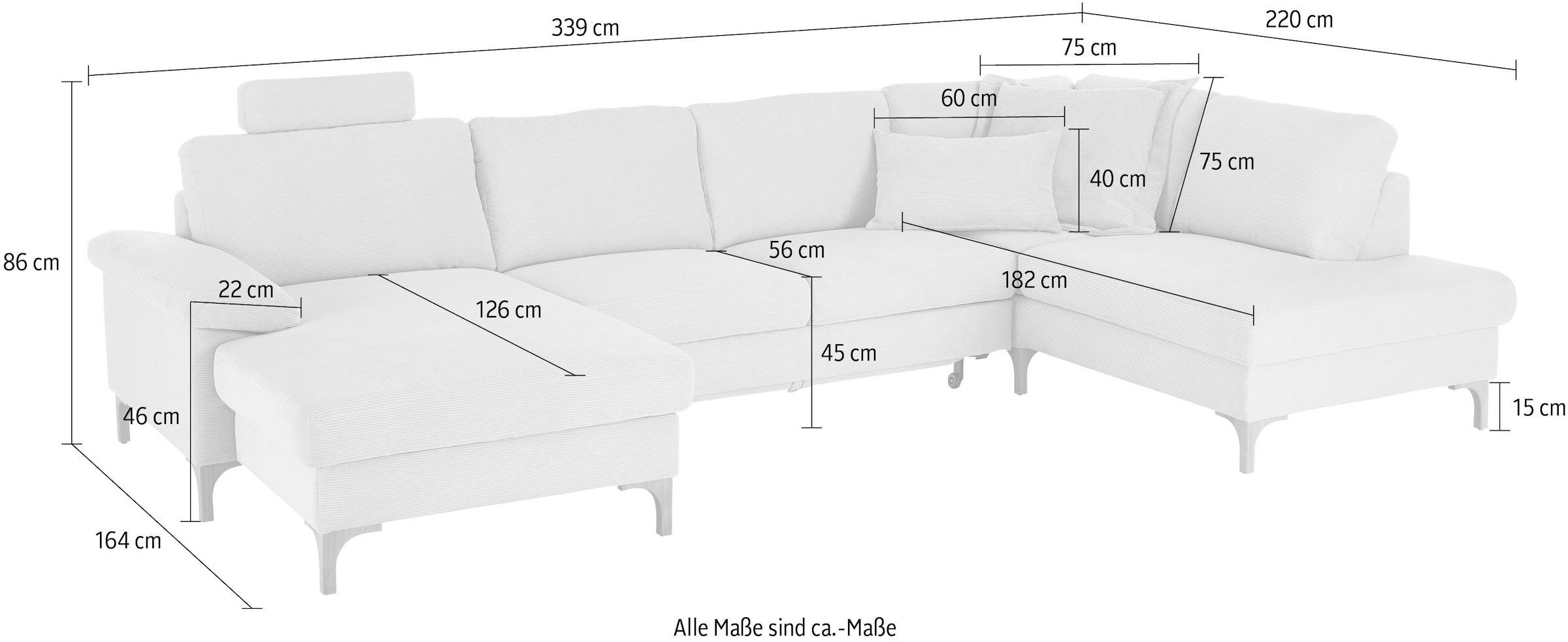 3C Candy Wohnlandschaft »Lecce, wahlweise PUR-Schaumstoff oder Tonnentaschenfederkern U-Form« Bettkasten in Umbauecke und Longchair, sowie Querschläfer im 2-Sitzer