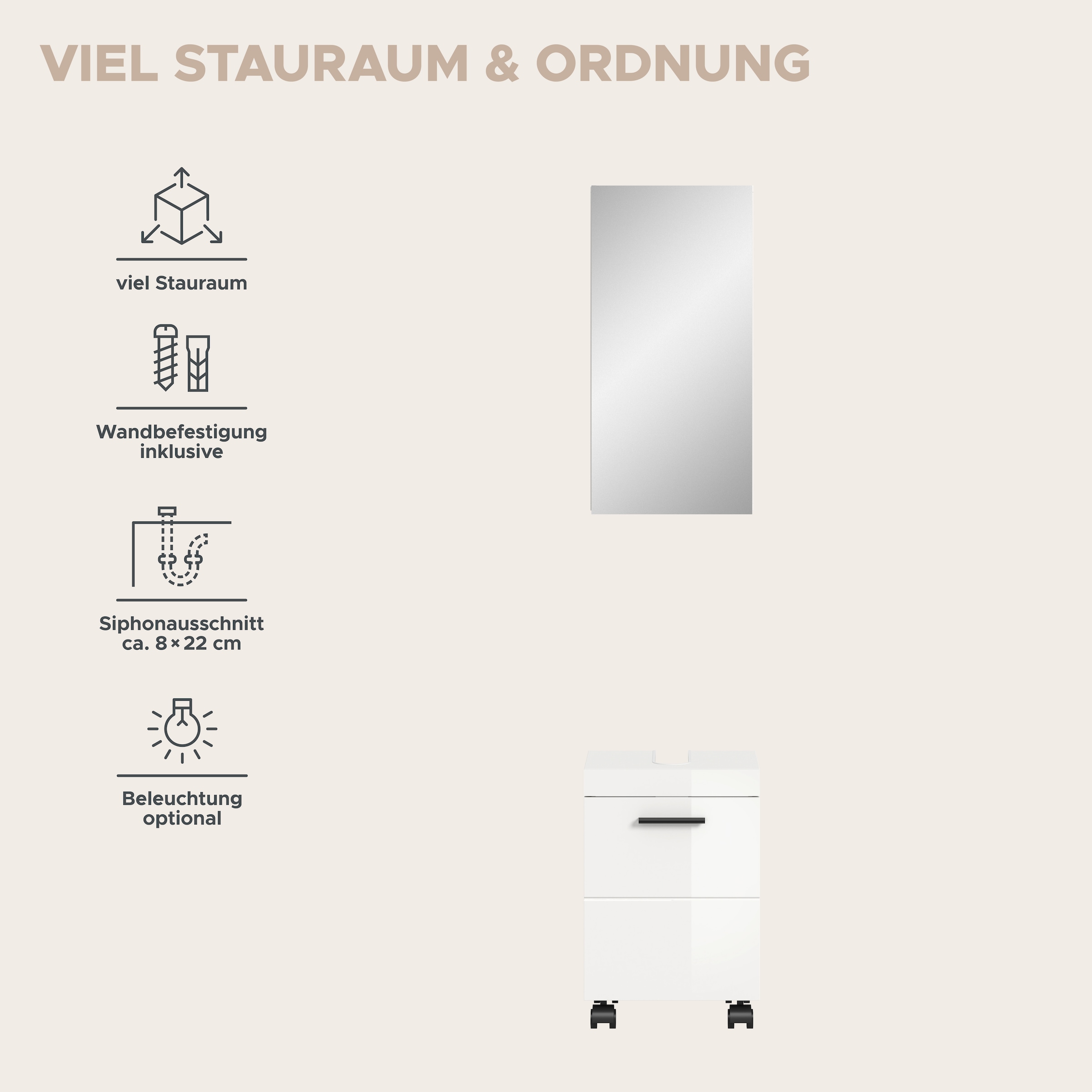 welltime Badmöbel-Set »AVON, Breite 40 cm, 2-teilige moderne Badkombination, auf Rollen« bestehend aus: Waschbeckenunterschrank & Spiegelschrank, 2 Stk. tlg.