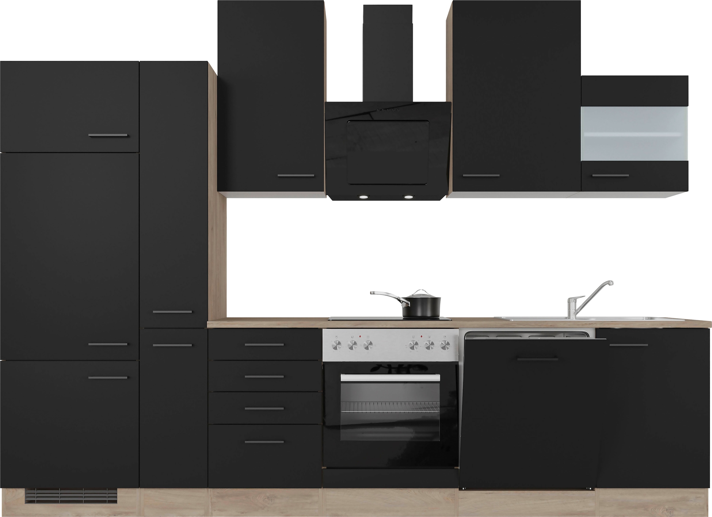 Flex-Well Exclusiv Küchenzeile Capri 310 cm Schwarz Matt-Endgrain Oak günstig online kaufen