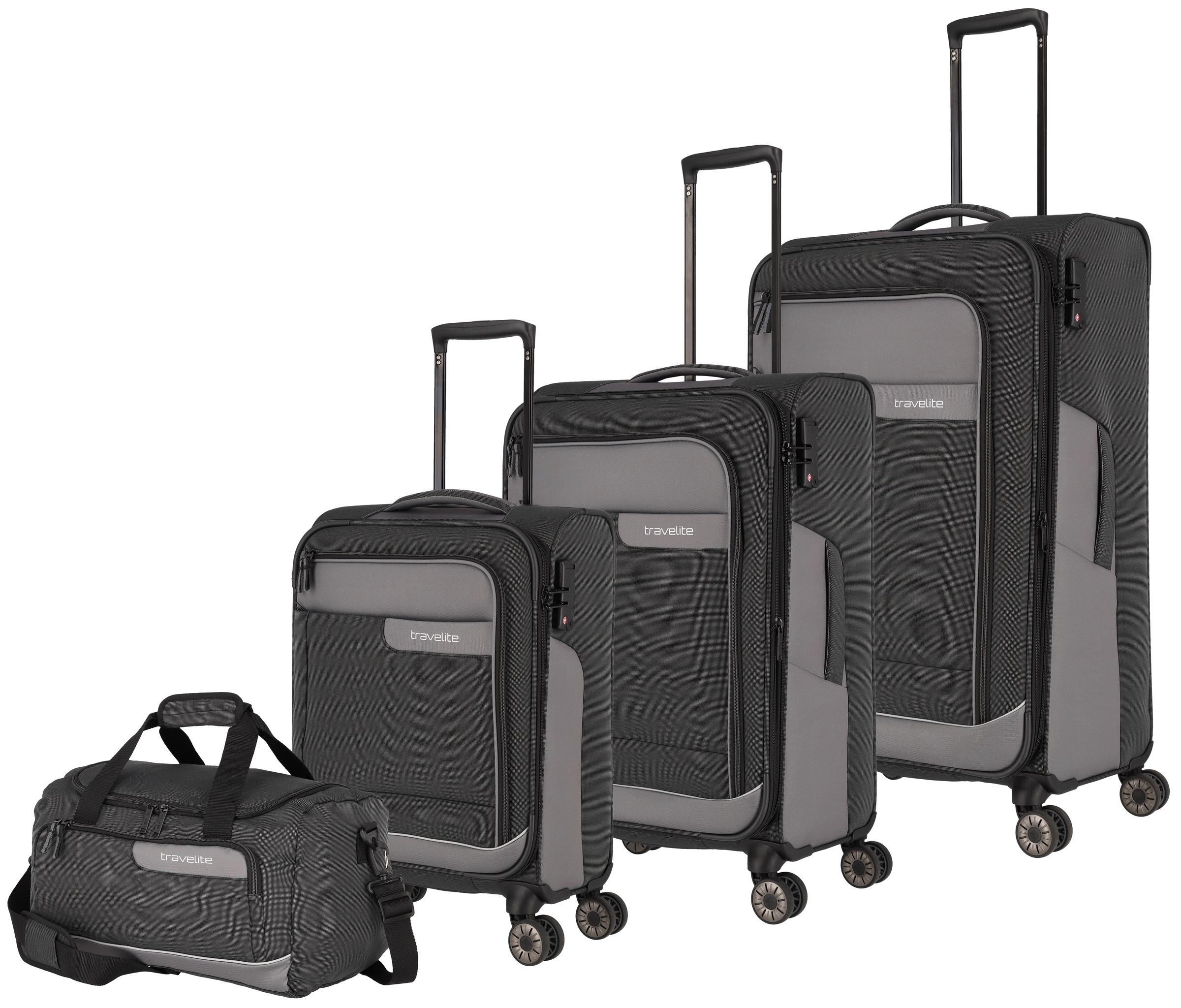 TRAVELITE Trolleyset »VIIA S/M/L und Reisetasche« Kofferset Reisegepäck mit erweiterbarem Volumen und TSA Schloss schiefer