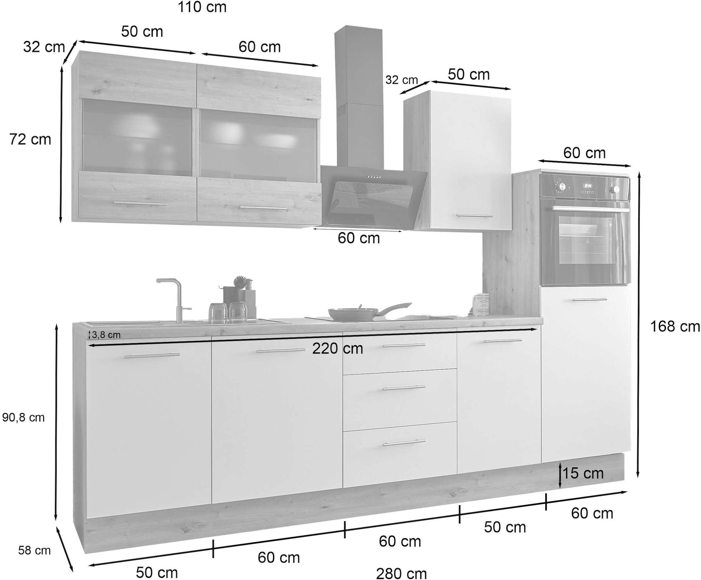 BASIC by Balculina Küchenzeile »Capri B/T/H 280x60x218 cm« Breite 280 cm, wahlweise mit edelstahlfb. oder schwarzen E-Geräten