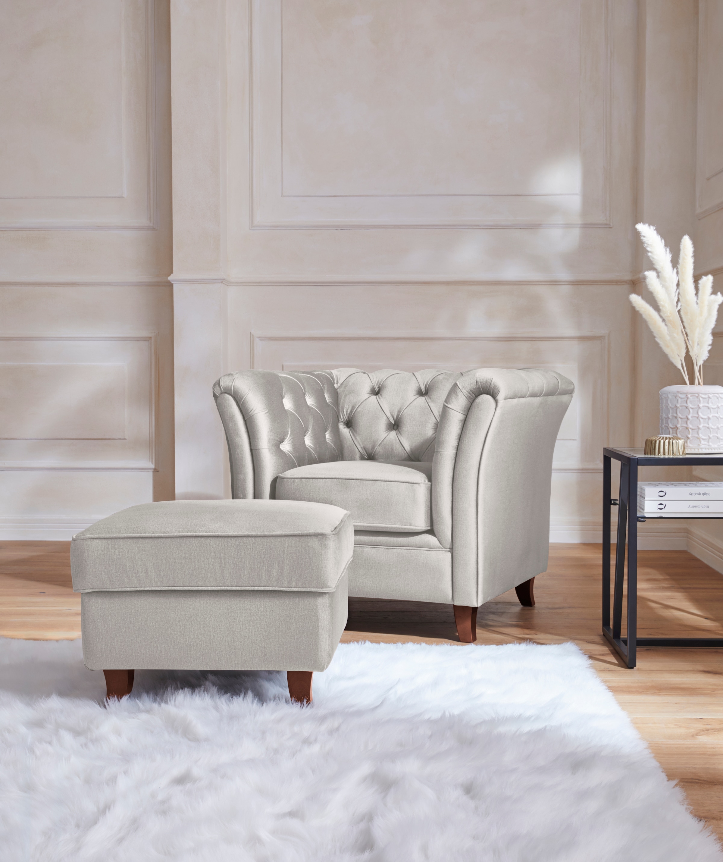 Home affaire Polsterhocker »Reims«, echte Chesterfield-Knopfheftung, Samtoptik mich changierender Optik