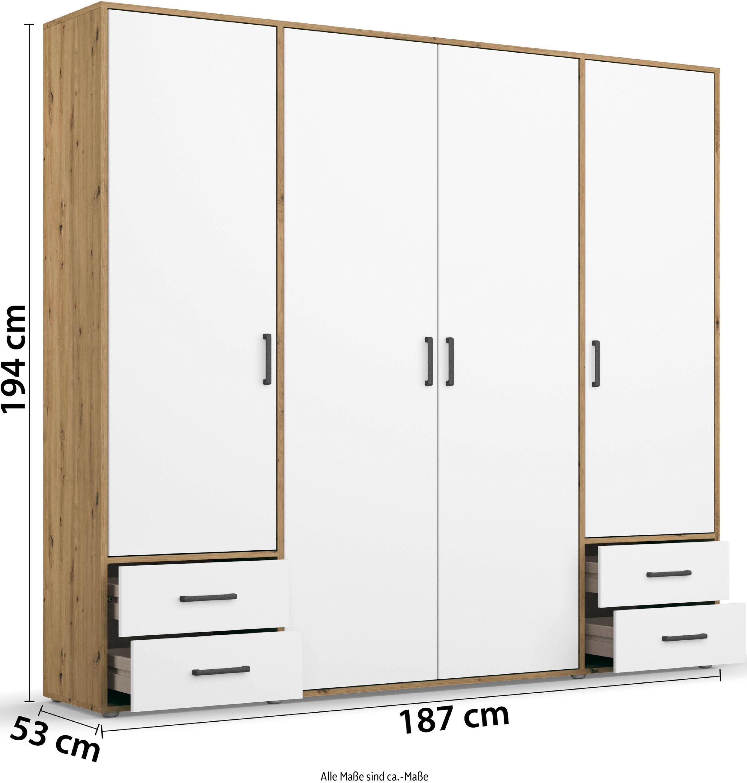 rauch Drehtürenschrank »Kleiderschrank Schrank Garderobe Wäscheschrank VOYAGER«, (in 3 verschiedenen Ausstattungen BASIC/CLASSIC/PREMIUM), moderne Griffe in Graumetallic mit Außenschubkästen MADE IN GERMANY