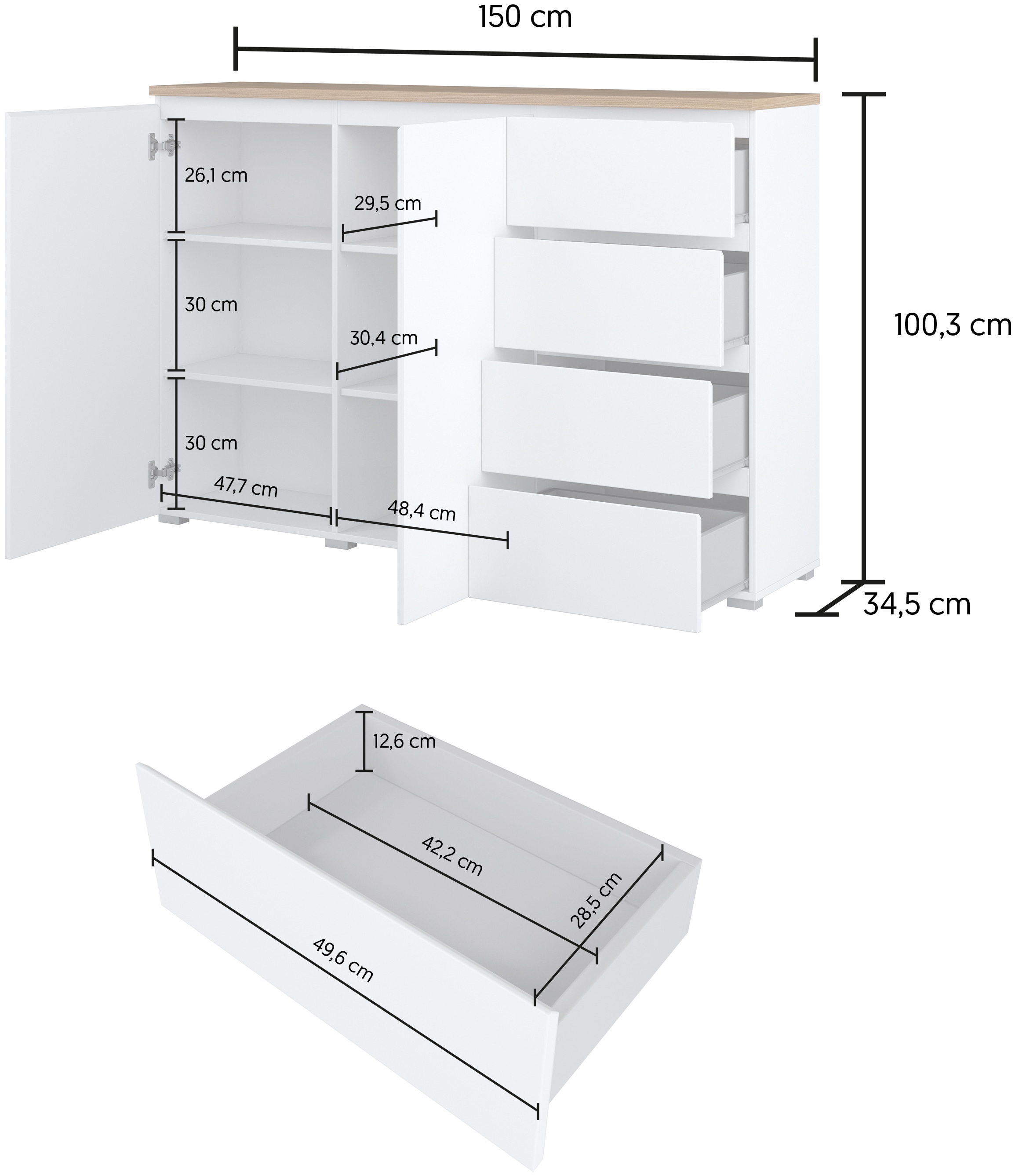 OTTO home Highboard »Modo, Breite 150 cm, moderne grifflose Kommode 2Türen/4 SK« Schubladenkommode mit viel Stauraum, Einlegeböden verstellbar