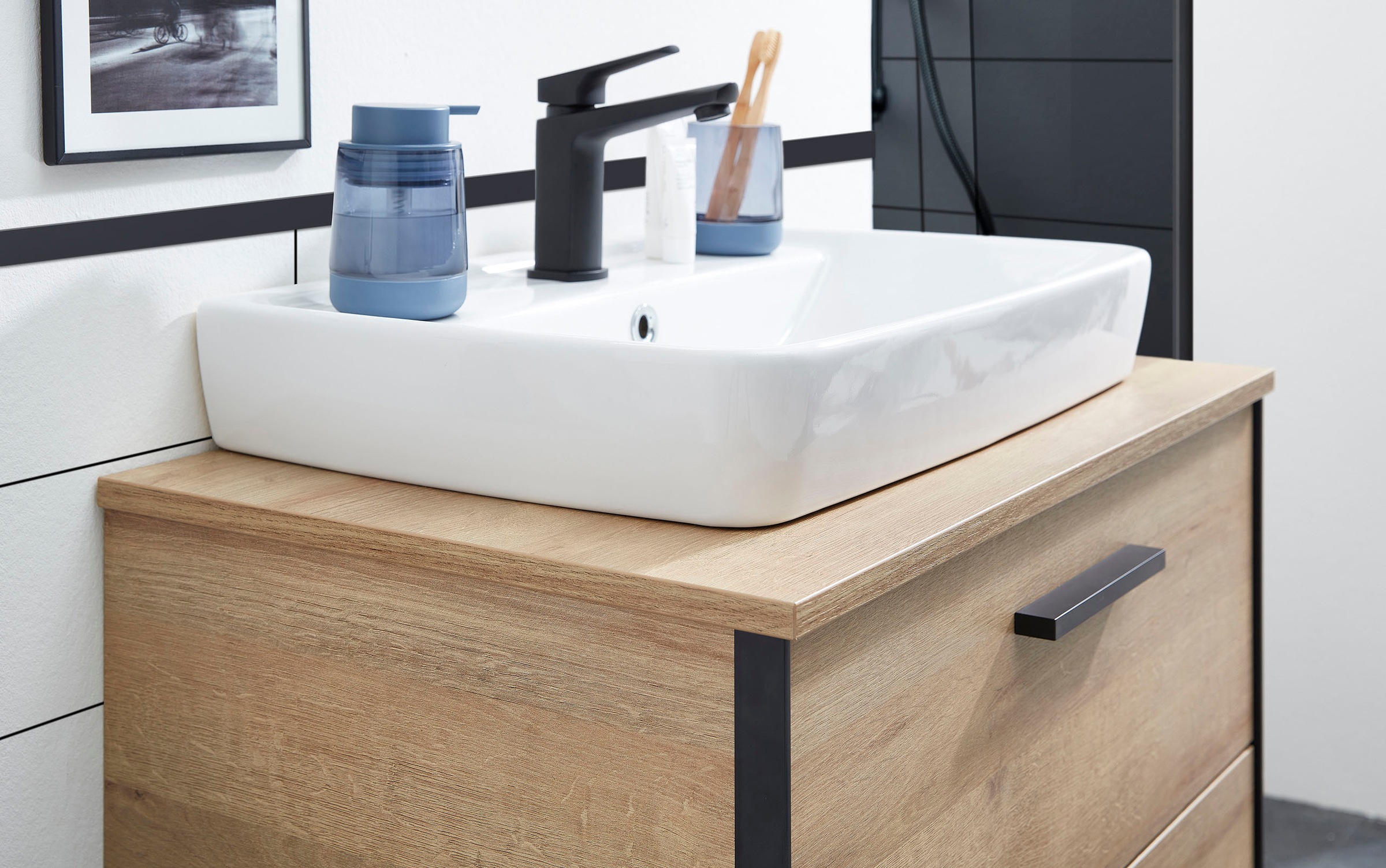 Saphir Badmöbel-Set »Quickset 395 2-teilig, Keramik-Aufsatzbecken mit LED-Spiegel«, (4 St.), Waschplatz 73 cm breit, 2 Schubladen, Waschtischplatte, Bad-Set