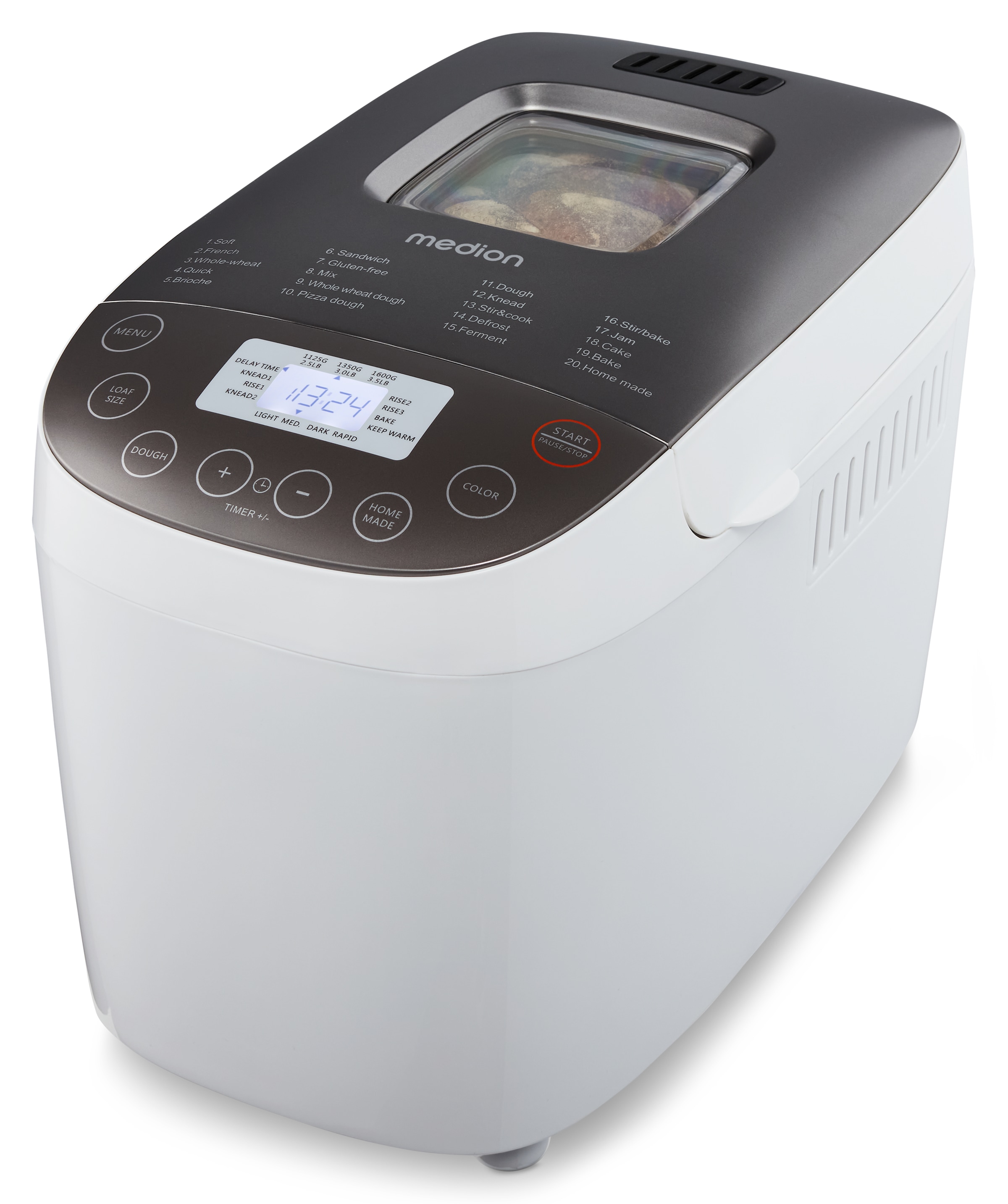 Medion® Brotbackautomat »MD 12040, 20 Backprogramme, 3 Bräunungssufen, doppelter Knethaken«, 20 Programme, 950 W, Bis zu 1600g Fassungsvermögen, Warmhaltefunktion, ILAG Beschichtung