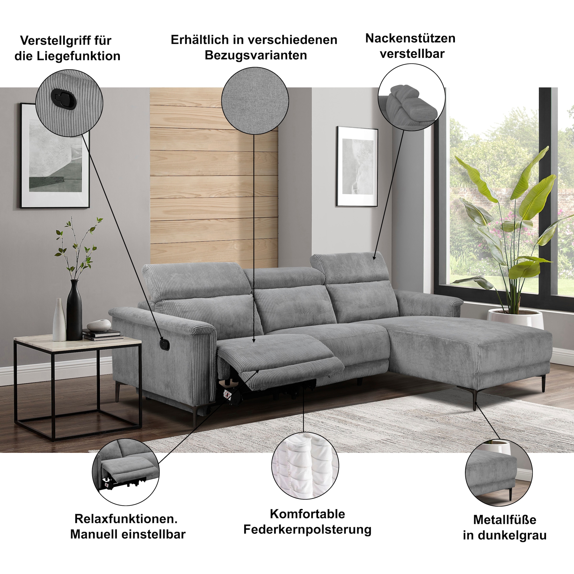Home affaire Ecksofa »LUND Cord, L-Form, 261 cm, man. o. elektr. Relaxfunktion (mit USB-A)« USB-C bei elektrischer Variante und Kopfteilverstellung