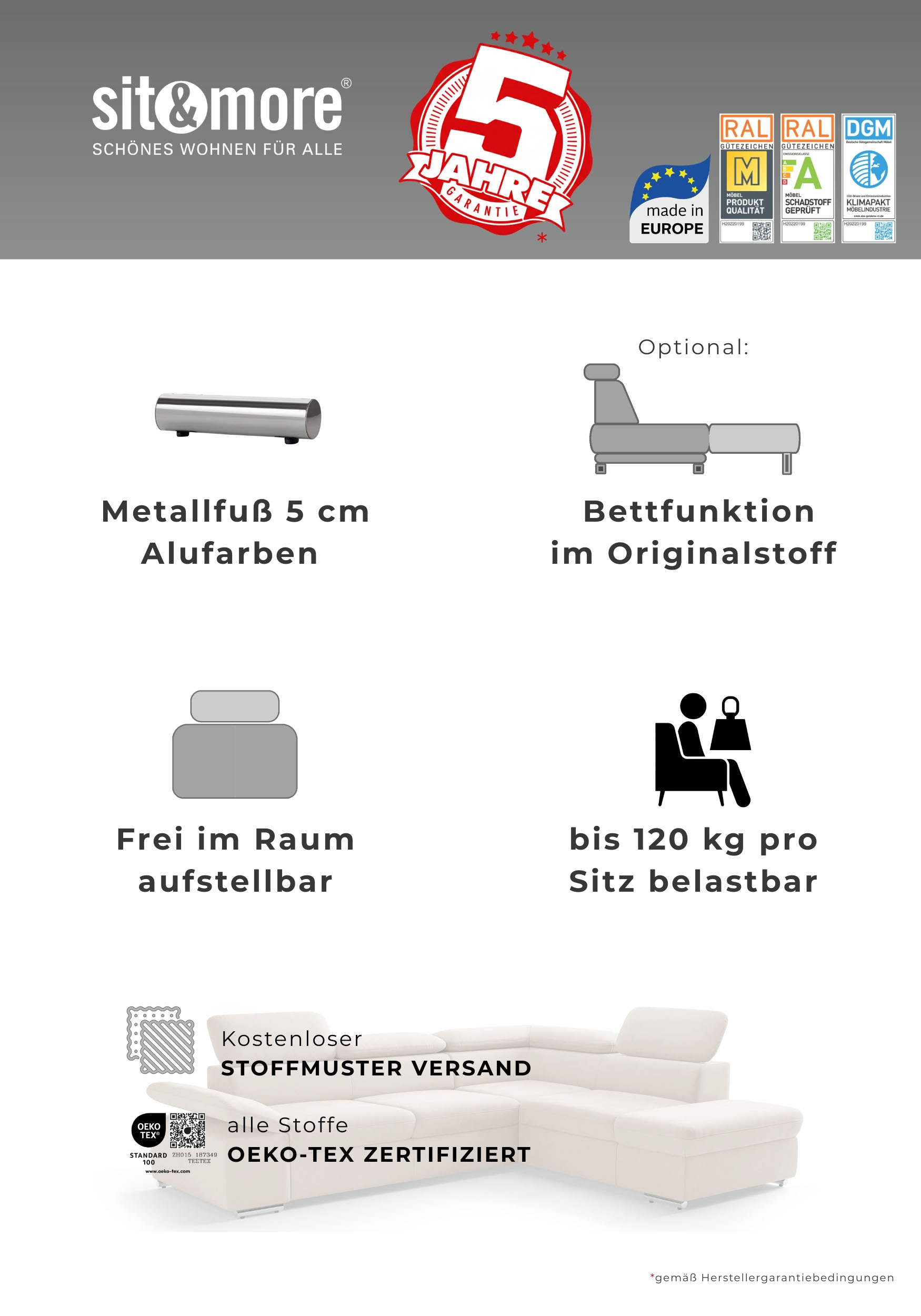 sit&more Ecksofa »Valantine L-Form, B: 272 cm« mit Arm- & Kopfteilverstellung, optional mit Schlaffunktion
