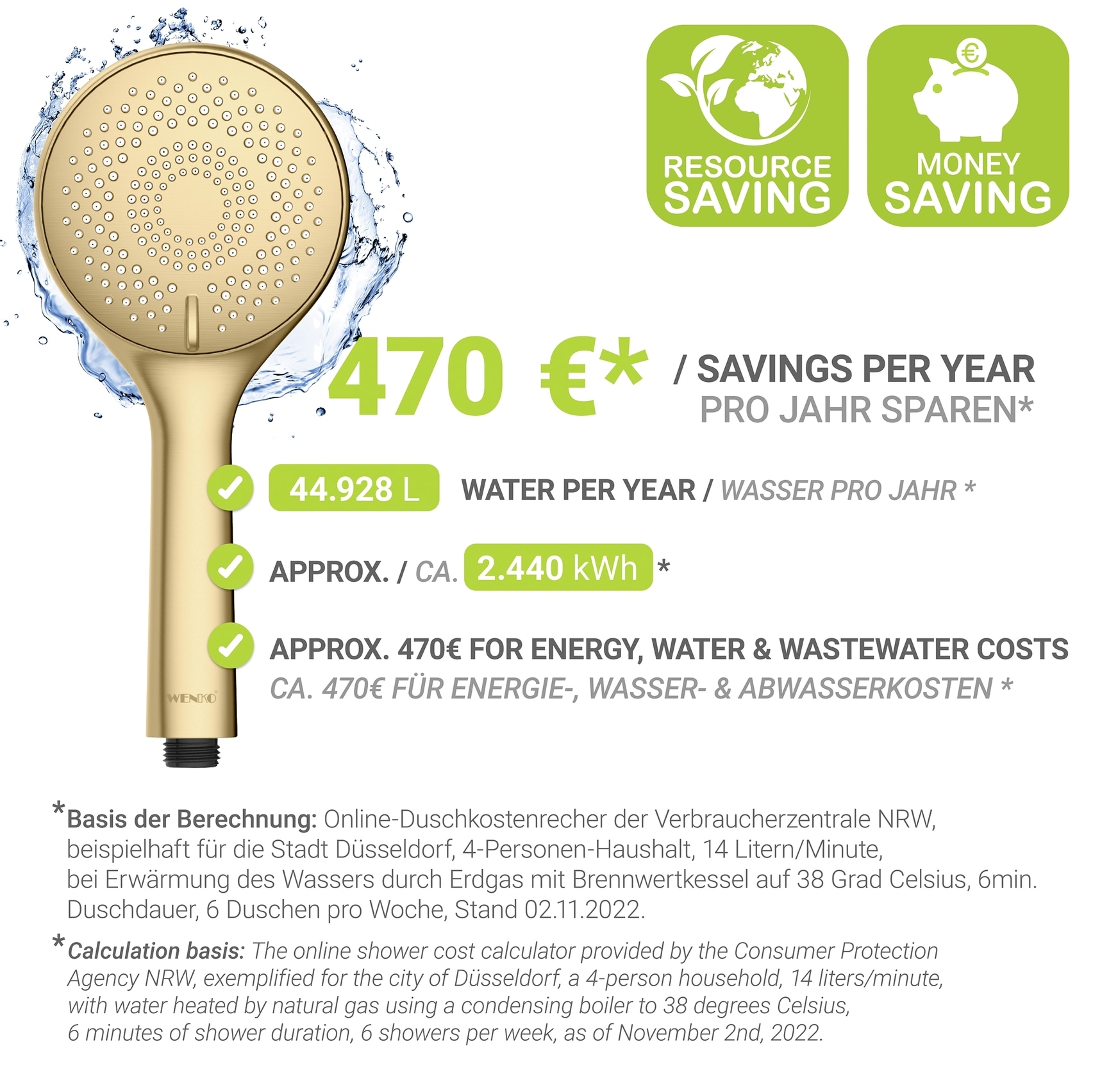 WENKO Handbrause »Watersaving« wassersparender Duschkopf, 3 Strahlarten, Ø 11 cm