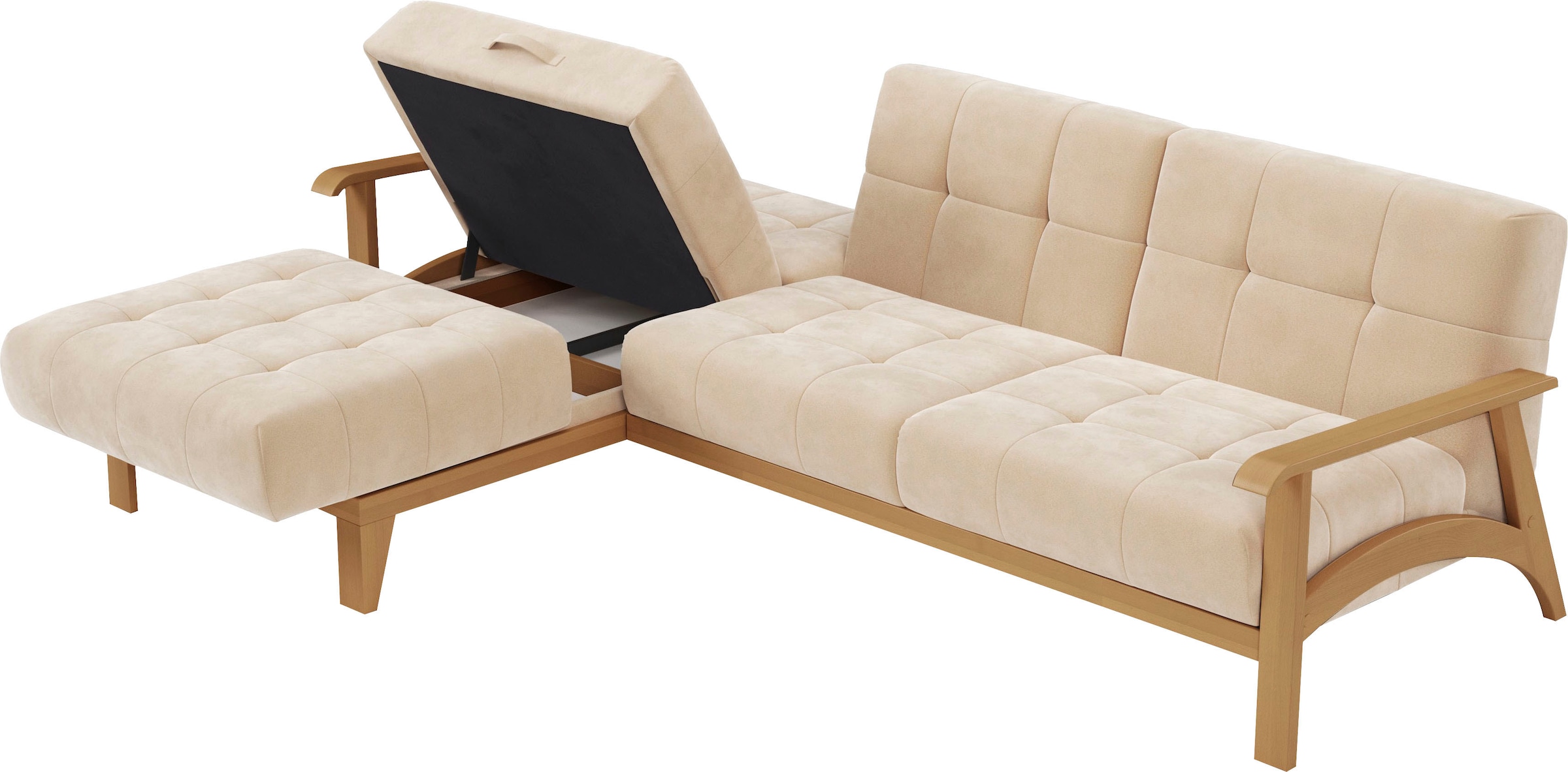 sit&more Ecksofa »Billund L-Form«, Armlehnen aus eichefarbigem Buchenholz, verschiedene Bezüge und Farben