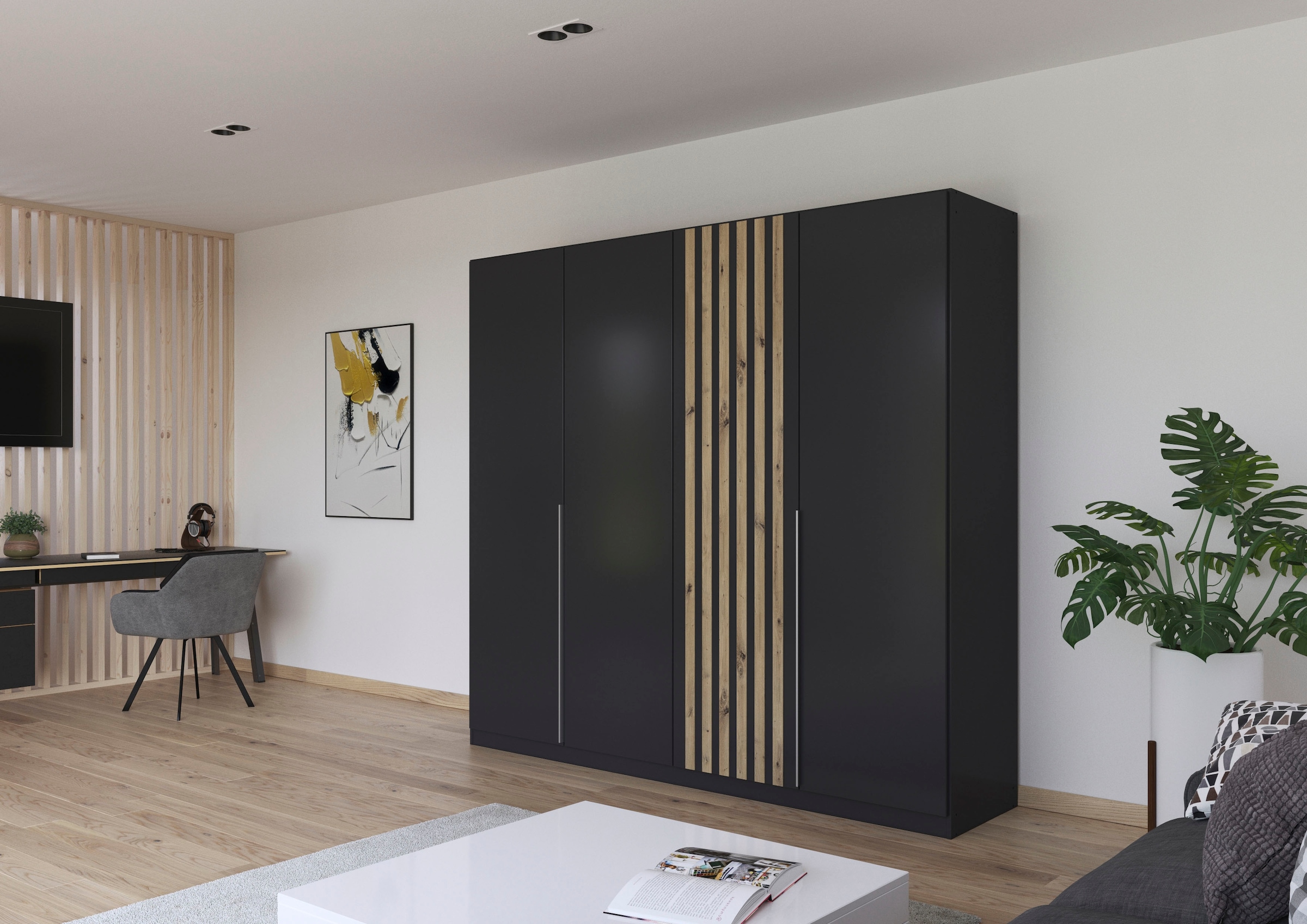 rauch Drehtürenschrank »Kleiderschrank Schrank Garderobe Garderobenschrank LAMELLA«, elegante Lamellen-Auflage in 3D Akustikpaneel Optik MADE IN GERMANY