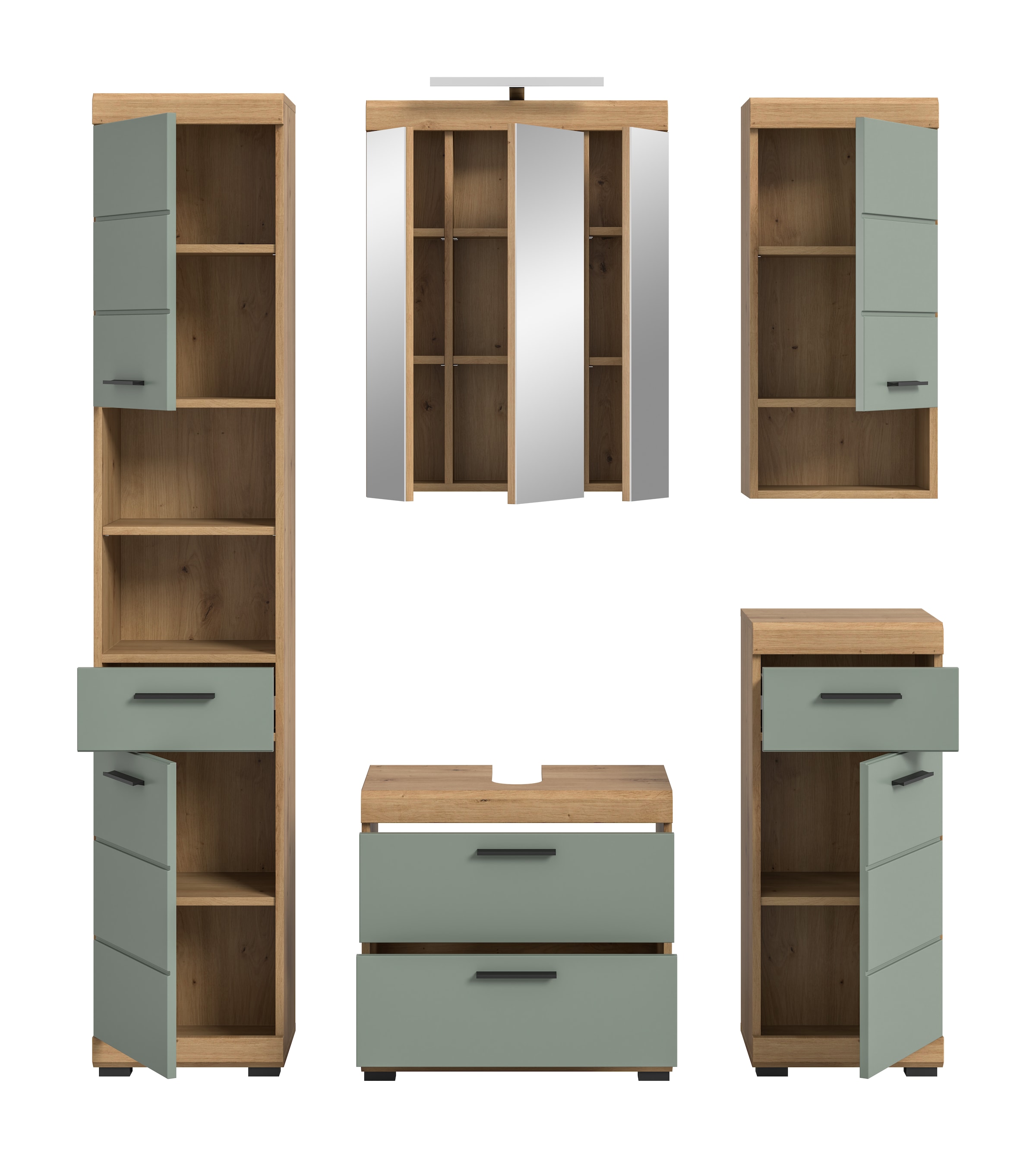 INOSIGN Badmöbel-Set »Siena, 5 teilig, inklusive LED Beleuchtung, bestehend aus:«, (Set), Hochschrank, WBU, Spiegelschrank, Unterschrank, Hängeschrank
