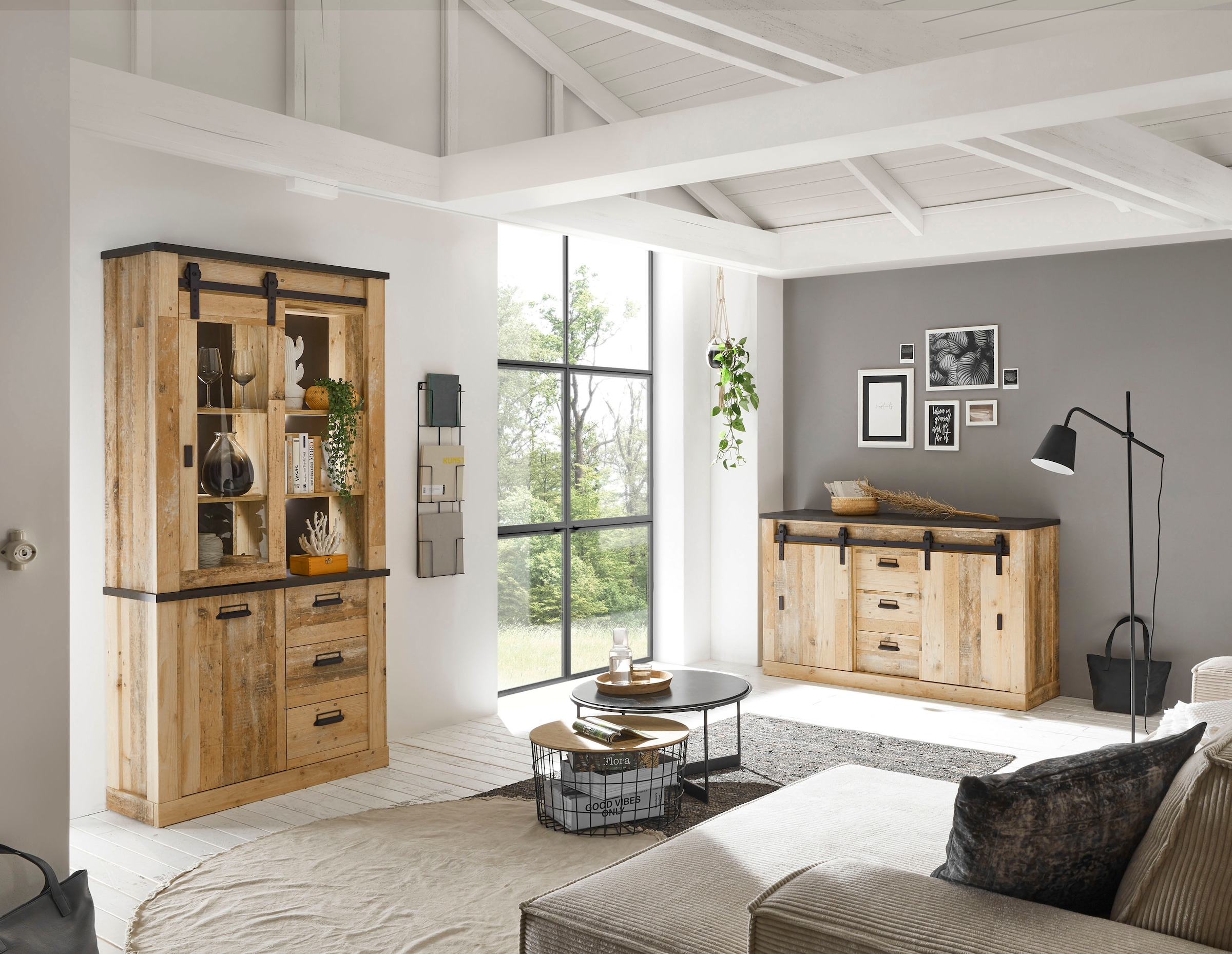 Home affaire Wohnwand »SHERWOOD«, (2 St.), Scheunentorbeschlag und Apothekergriffe aus Metall, Höhe 201 cm
