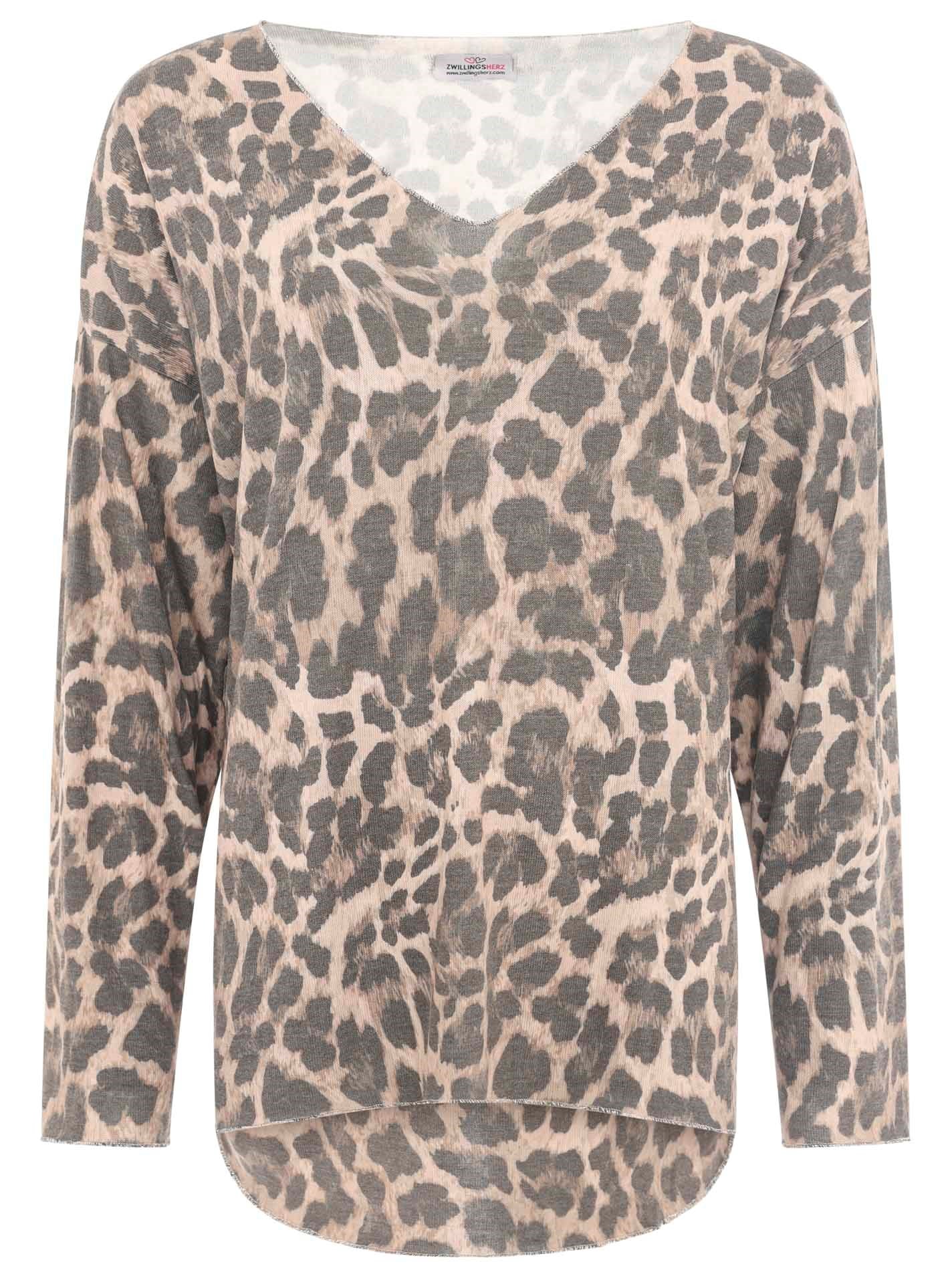 Zwillingsherz Langarmshirt, Leo-Muster, Langarm, V-Ausschnitt, hinten etwas länger