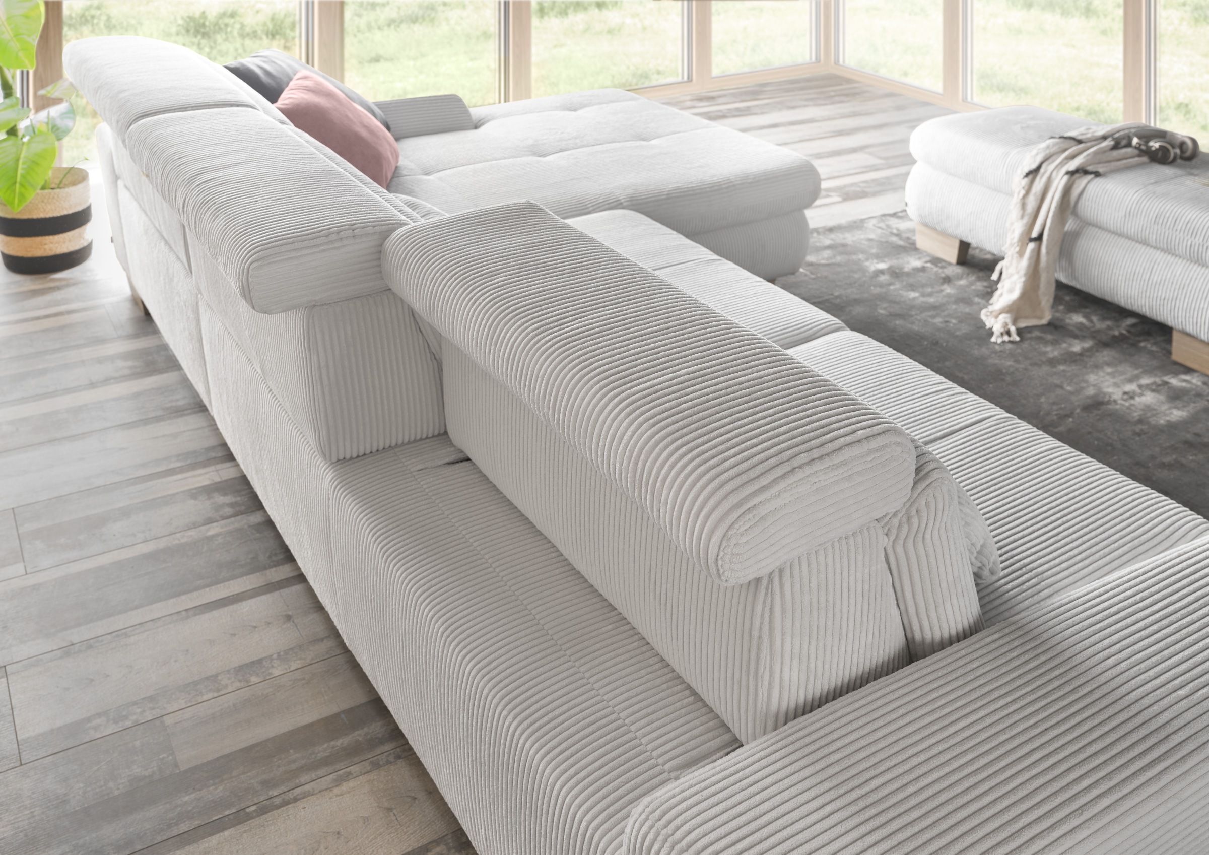 set one by Musterring Ecksofa »SO 3400 Sitzhöhe 47cm oder 49cm, Sitztiefe verstellbar, B/T: 307/195cm«, whlw. mit Funktion, Kaltschaum, in Cord, silver, Sitzhöhe 47