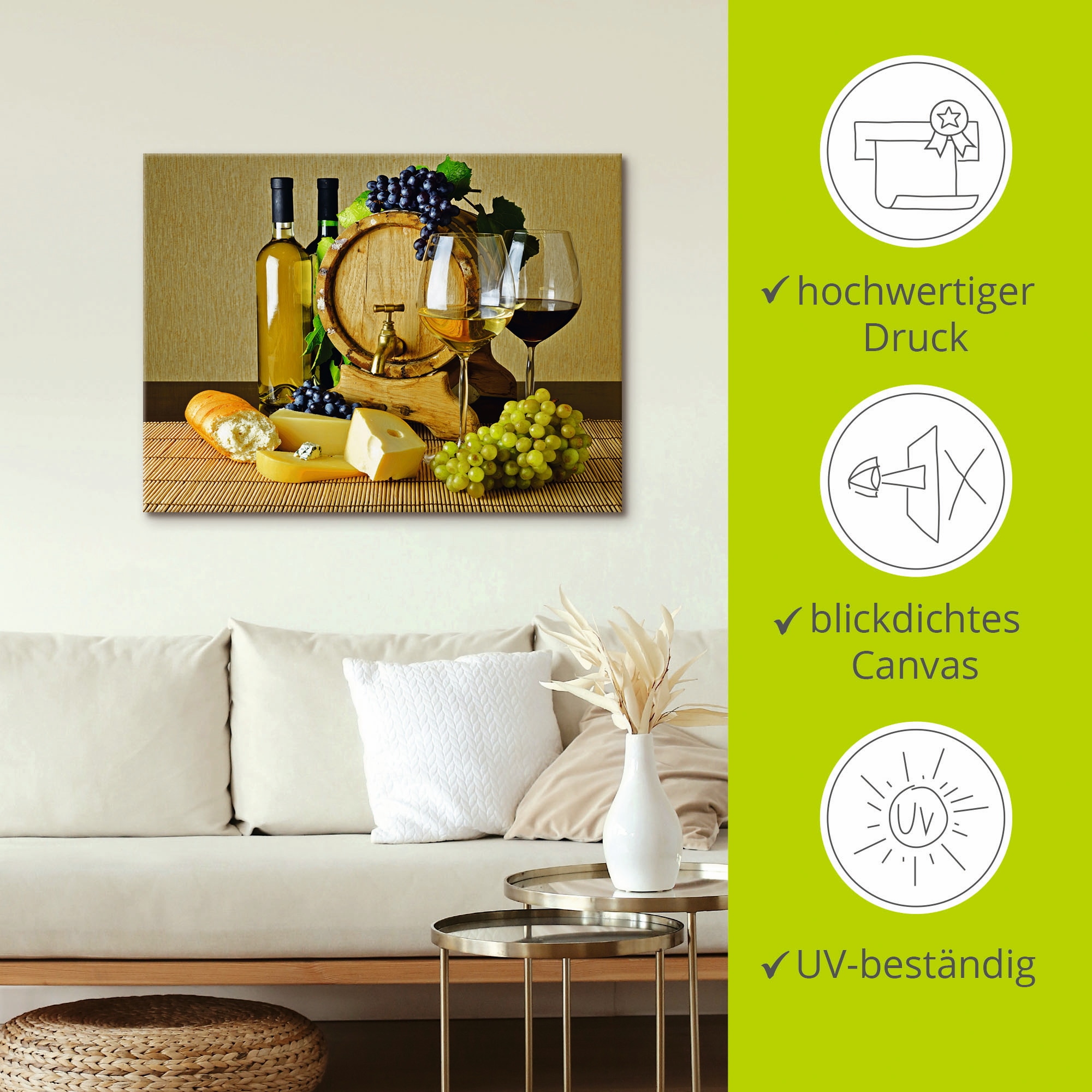 Artland Wandbild »Käse, Wein und Trauben«, Lebensmittel, (1 St.), als Alubild, Leinwandbild, Wandaufkleber oder Poster in versch. Größen