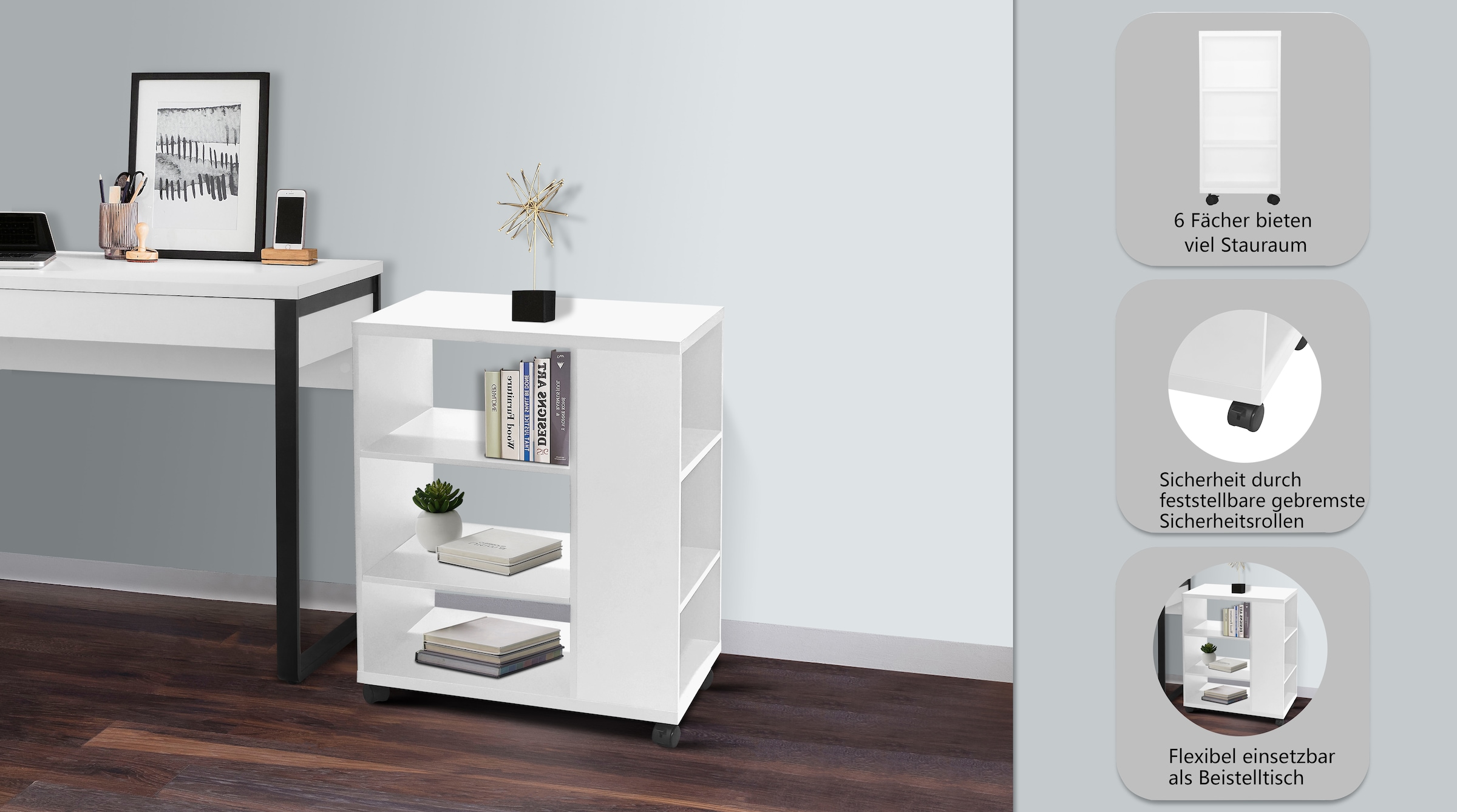 OTTO home Rollwagen »LOKVE, Rollcontainer, Druckertisch, Rollregal,« Rollen feststellbar, 6 Fächer, Höhe 75 cm