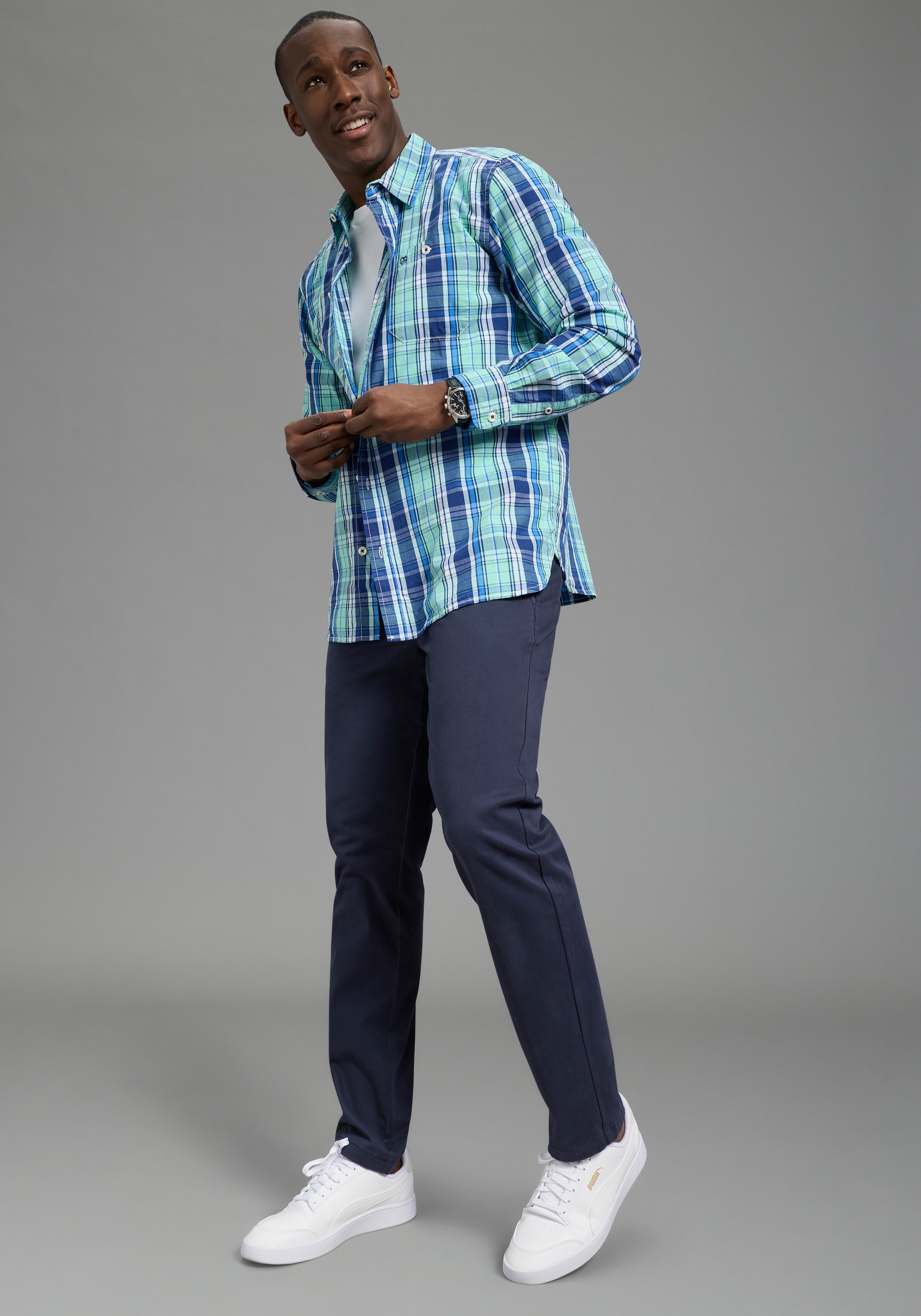 DELMAO Karohemd Langarm mit Ärmelschlitz, aus Baumwolle, taillierte Passform