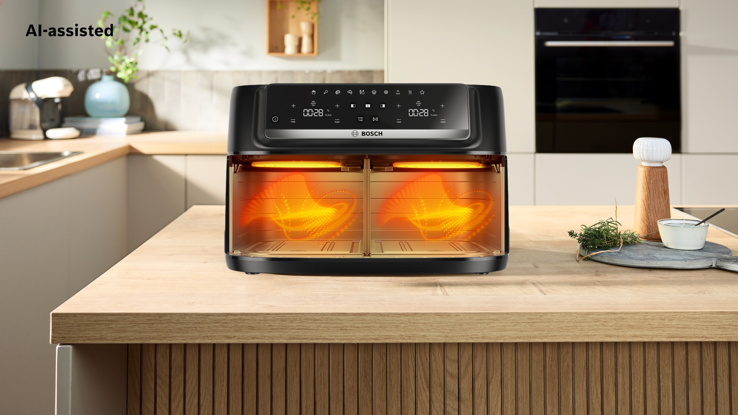 BOSCH Heißluftfritteuse »Airfryer MAFD440B0, 2* 4,5L Kammer, spülmaschinengeeignet, schwarz« 2500 W PFAs frei, einfache Reinigung, 6 voreingestellte Programme