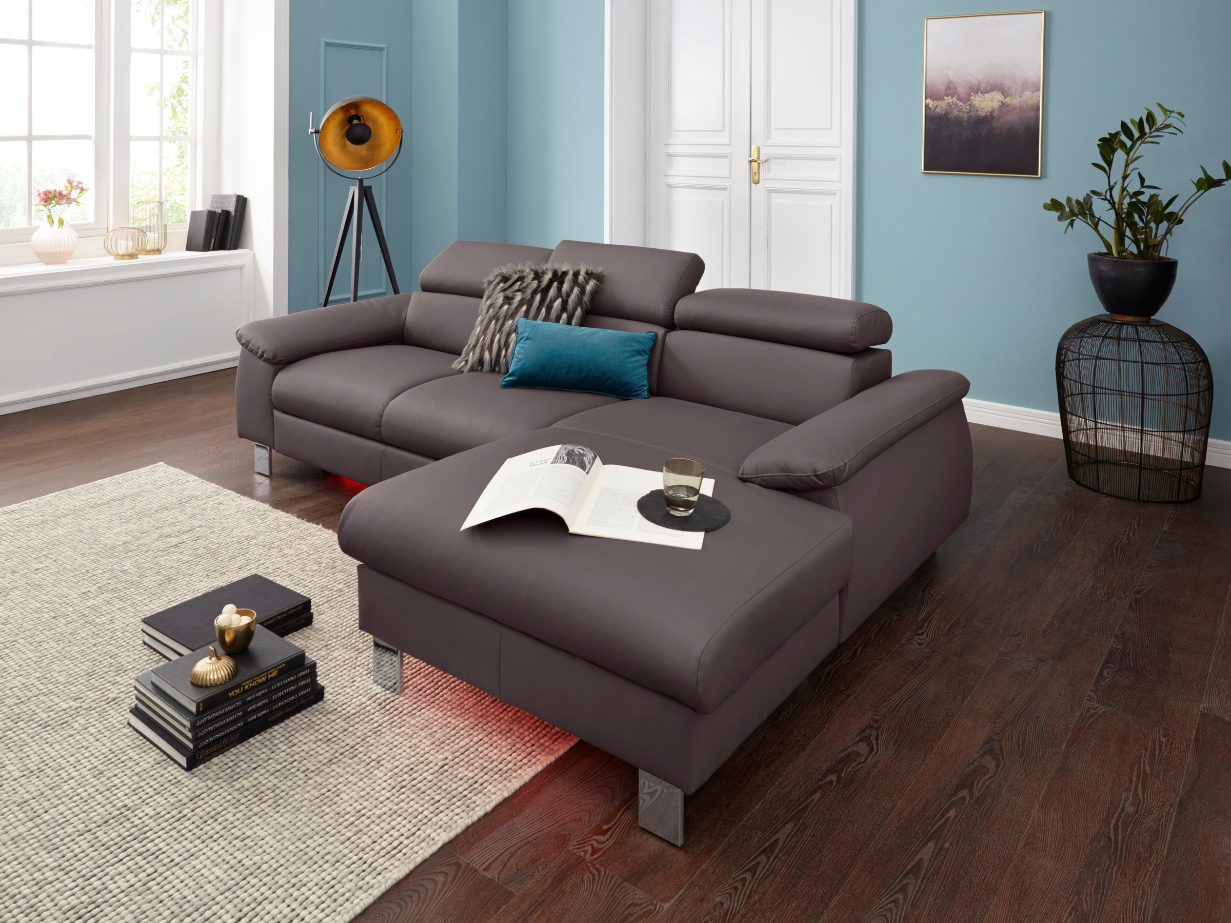 COTTA Ecksofa Komaris, Ecksofa, wahlweise mit RGB-LED-Beleuchtung und Bettfunktion/Bettkasten