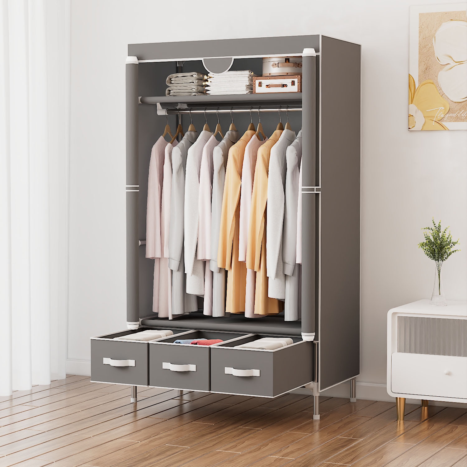 INOSIGN Kleiderschrank »Stockholm Stoffkleiderschrank Bestseller in diversen Ausführungen«, (Stabile Konstruktion mit Schubladen in vielen Breiten erhältlich), Schlafzimmer Garderobe Schrank Stoffkleiderschrank mit viel Stauraum