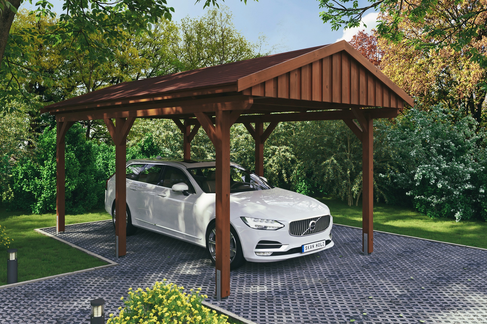 Skanholz Einzelcarport »Fichtelberg«, Leimholz-Nordisches Fichtenholz, braun, mit roten Schindeln