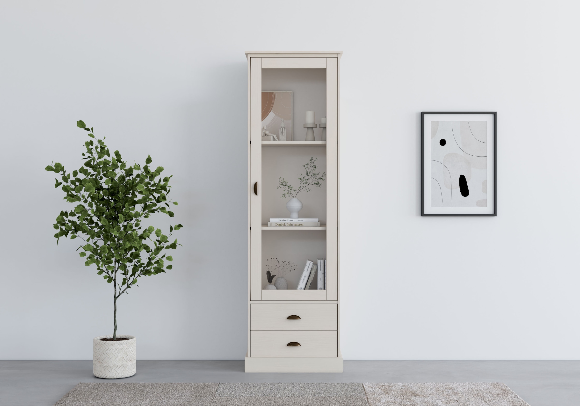 Home affaire Vitrine »Schröder«, mit 1 Schiebetür, 2 Schubkästen, aus massivem Kiefernholz, Breite 55cm