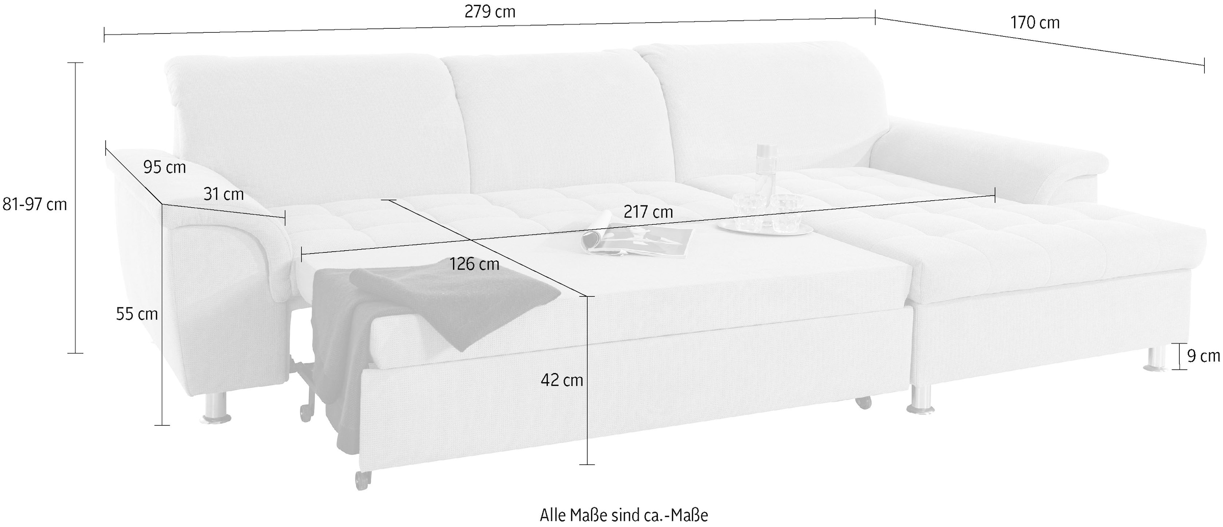 DOMO collection Ecksofa »Franzi L-Form«, wahlweise mit Kopfteilverstellung (dann Tiefe: 170 cm)
