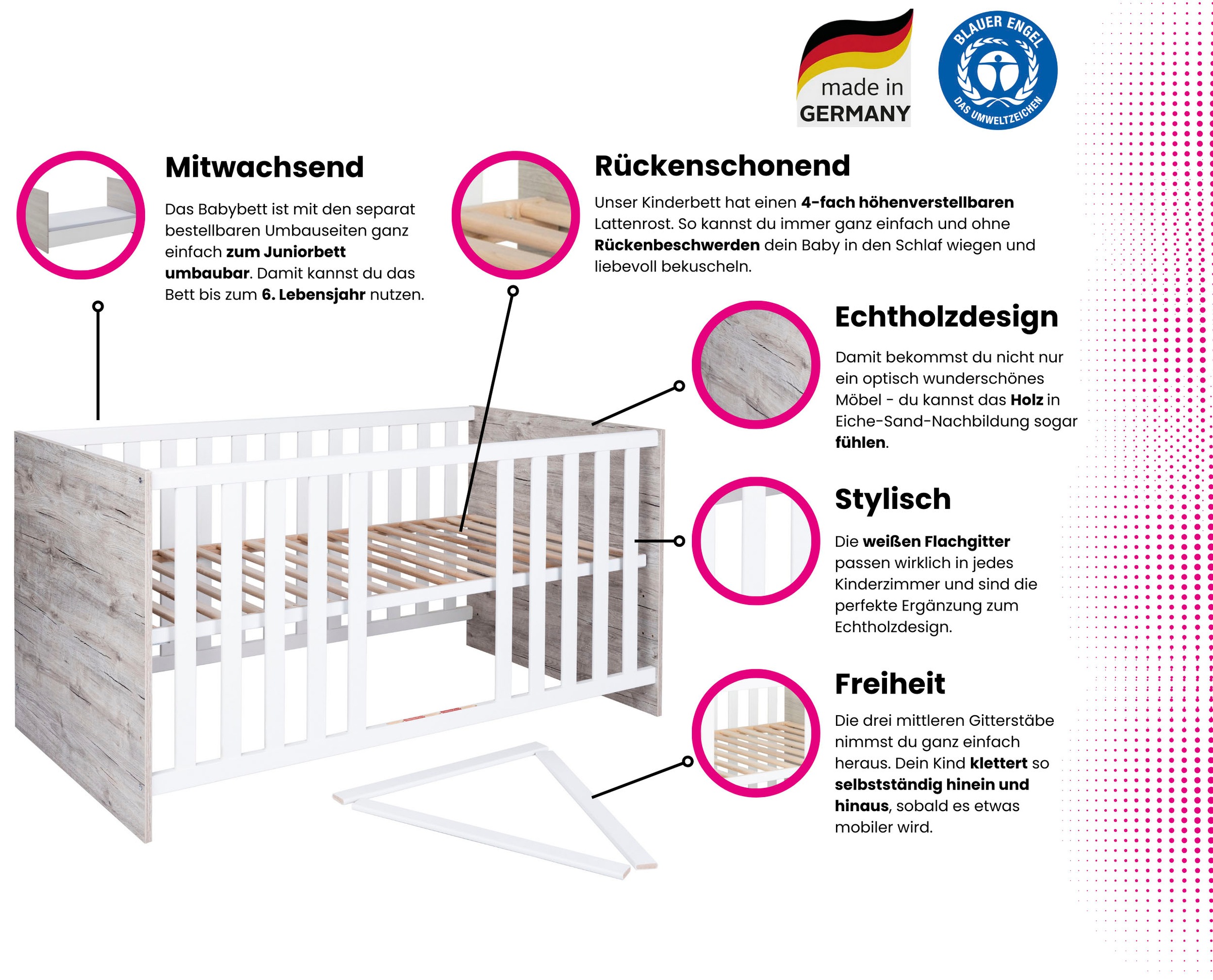 Home affaire Babyzimmer-Komplettset »Rieke , mitwachsende Möbel bis ins Jugendalter, toll für kleine Zimmer« Kinderbett, Unterbauregal für Wickelkommode, Schrank, Wickelkommode, 