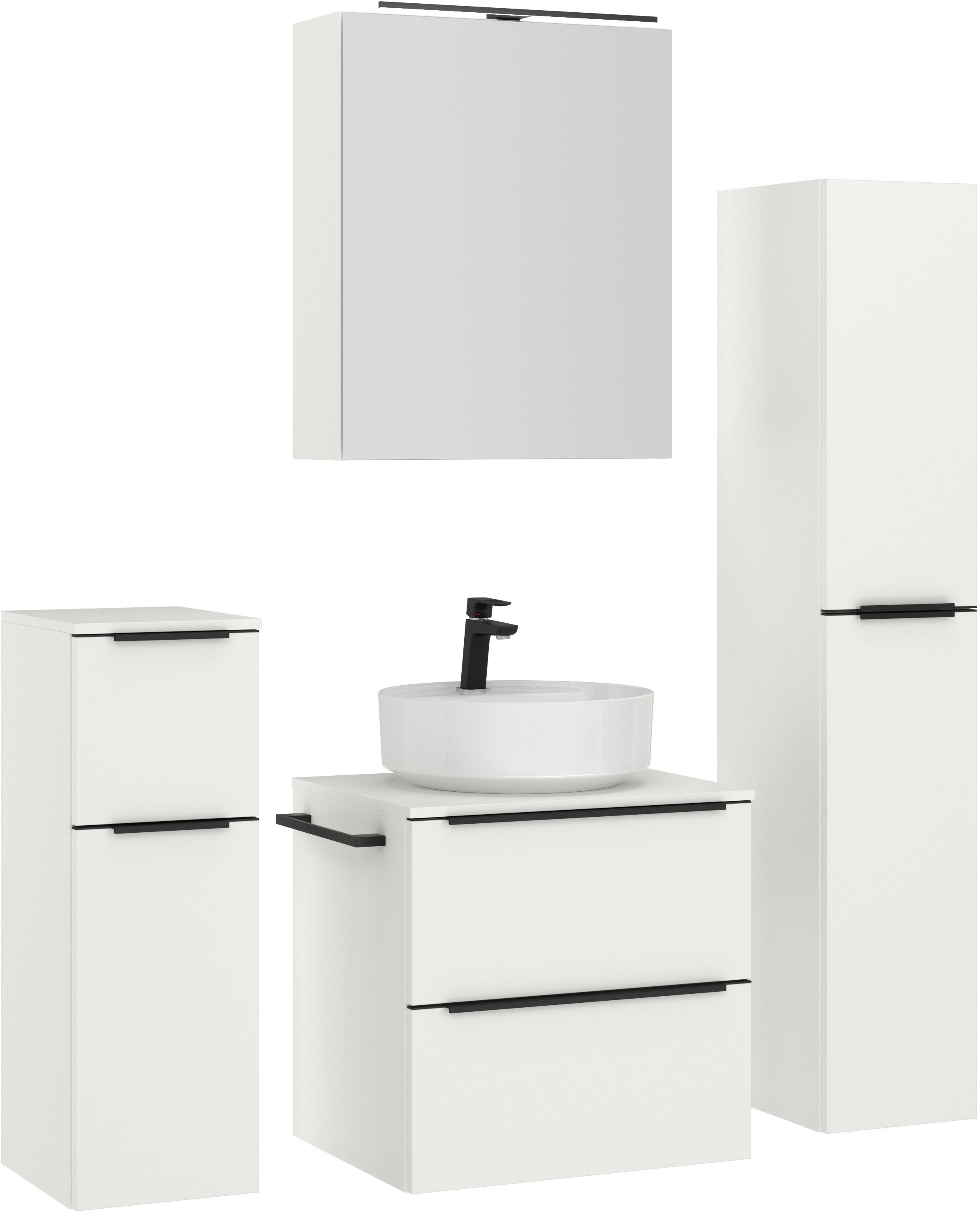 nobilia® Badmöbel-Set »Alvene«, (4 St., vormontiert, mit Soft-Close), inkl. Spiegelschrank mit Beleuchtung und Dimmerfunktion, in 4 Breiten