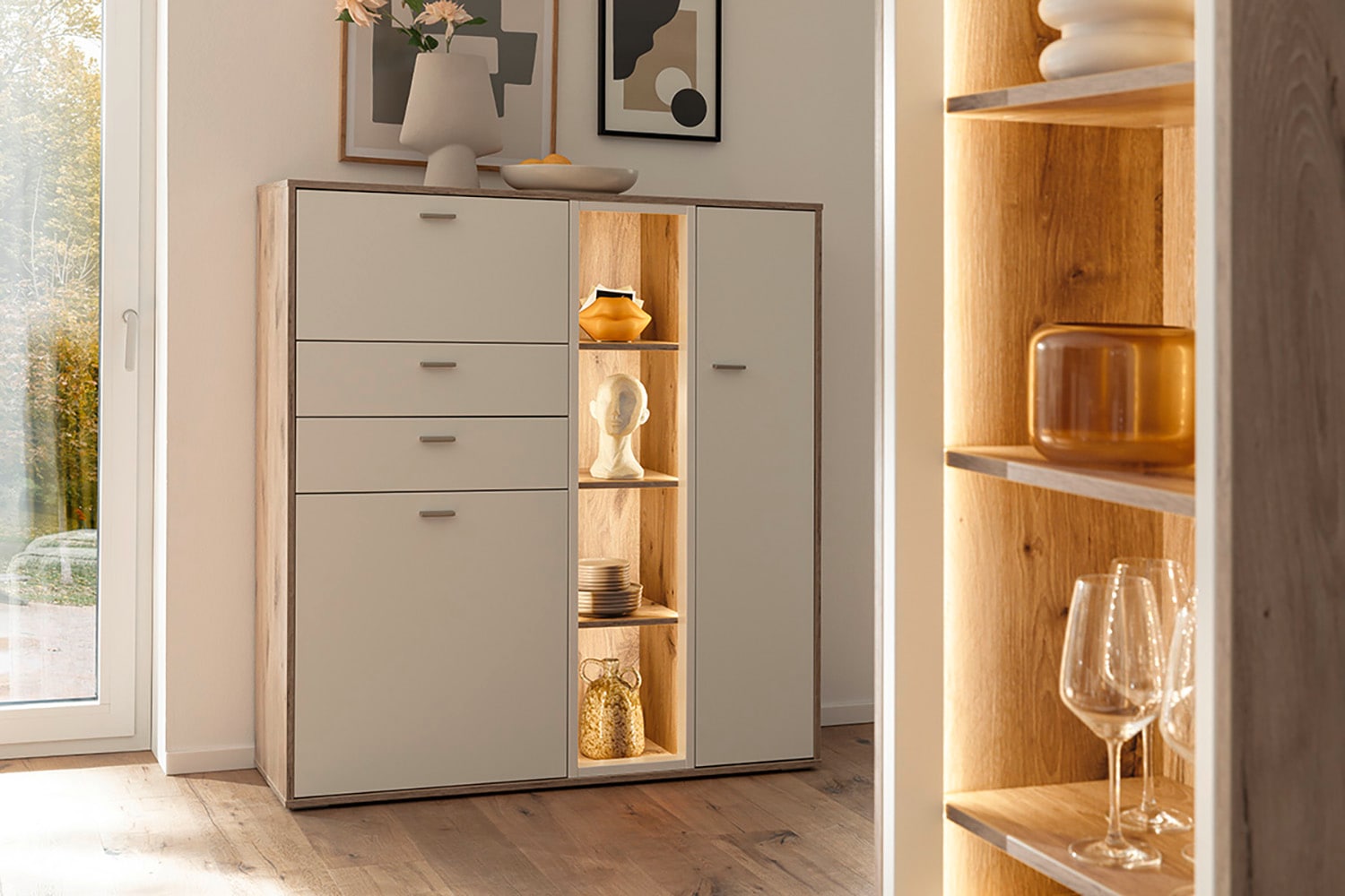 MCA furniture Highboard »SANTERNO«, mit 2 Türen, 2 Schubkästen,gedämpft, 1 Klappe, 4 Fächer, Breite 124 cm
