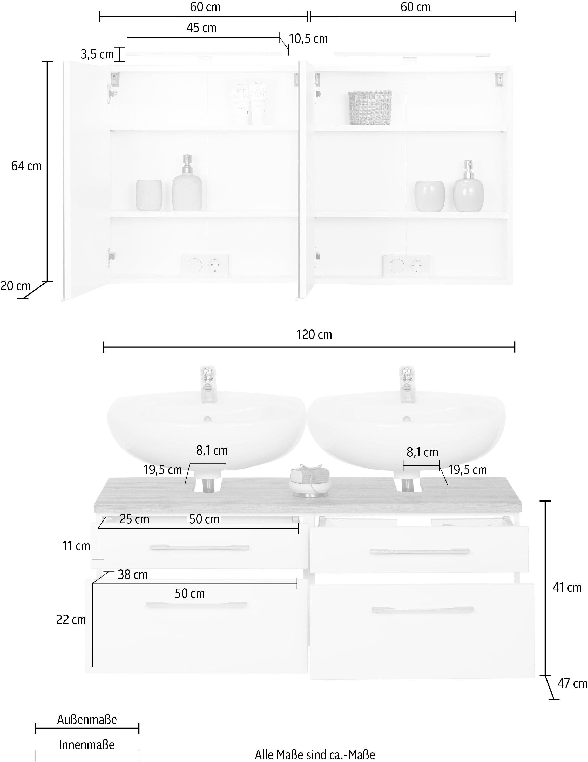 welltime Badmöbel-Set »Davos«, (2 St.), 2 Spiegelschrank und Waschbeckenunterschrank