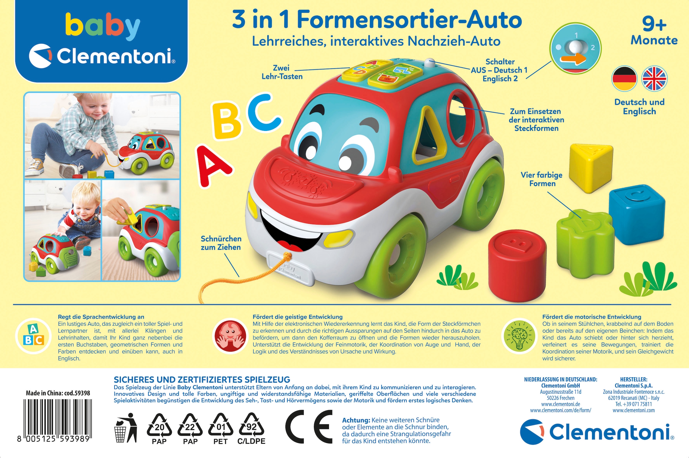 Clementoni® Steckspielzeug »Baby Clementoni, 3in1 Formensortier-Auto«, Made in Europe