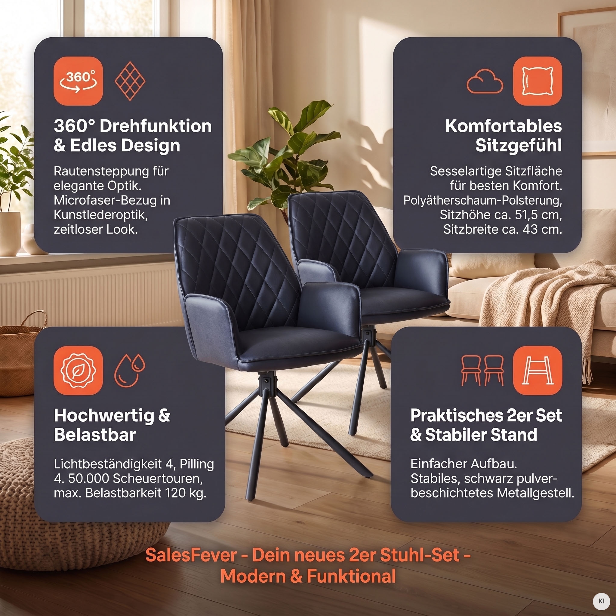 SalesFever Esszimmerstuhl »Vancouver Armlehnstuhl fürs Esszimmer« (Set) 2 Stk.Esszimmersessel, Rückenlehne mit Rautensteppung, 360° Drehfunktion