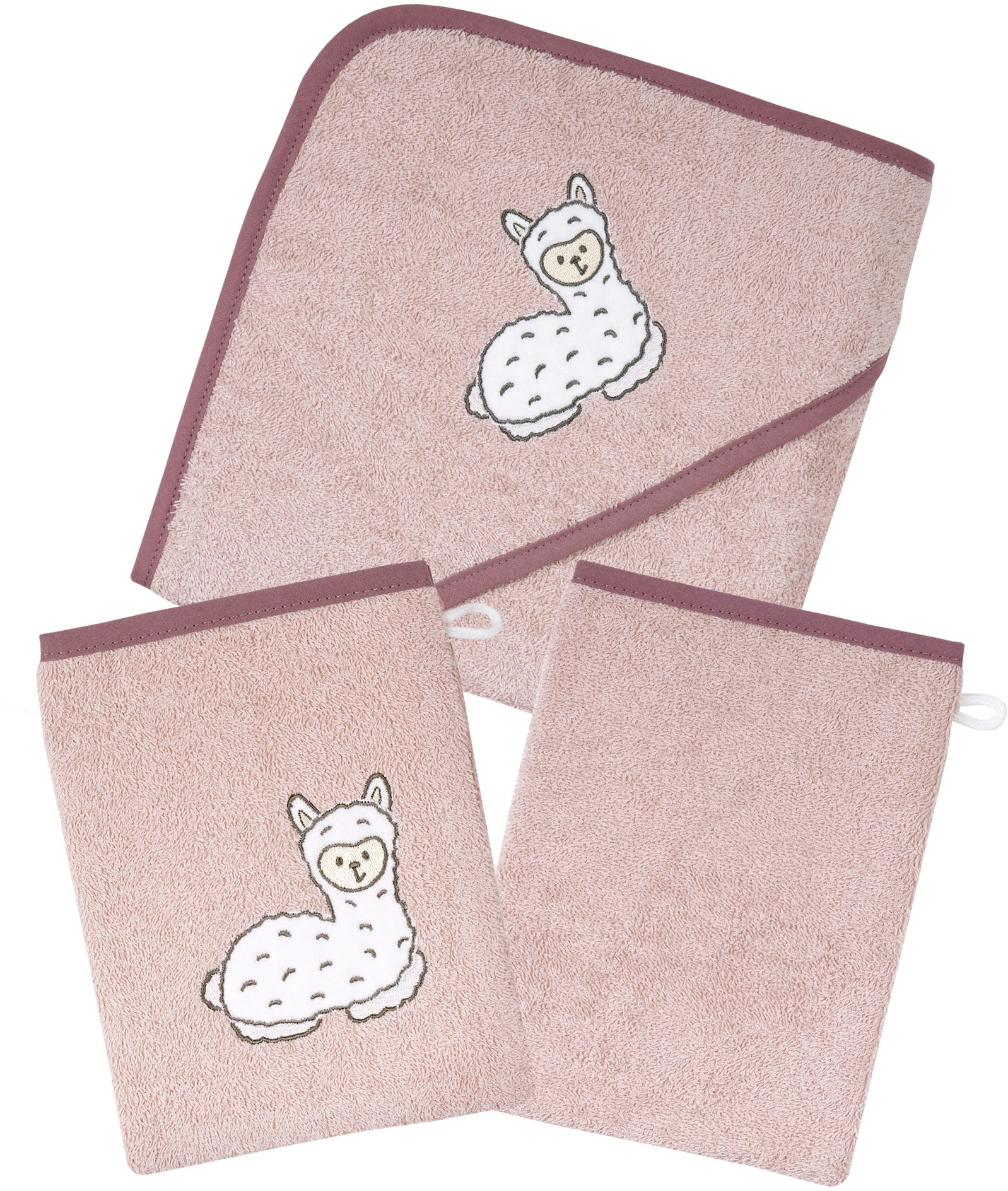 Wörner Handtuch Set »Lama rosa Kapuzenbadetuch mit 2 Waschhandschuhen«, (Spar-Set, 3 St.), mit süßer Lamastickerei