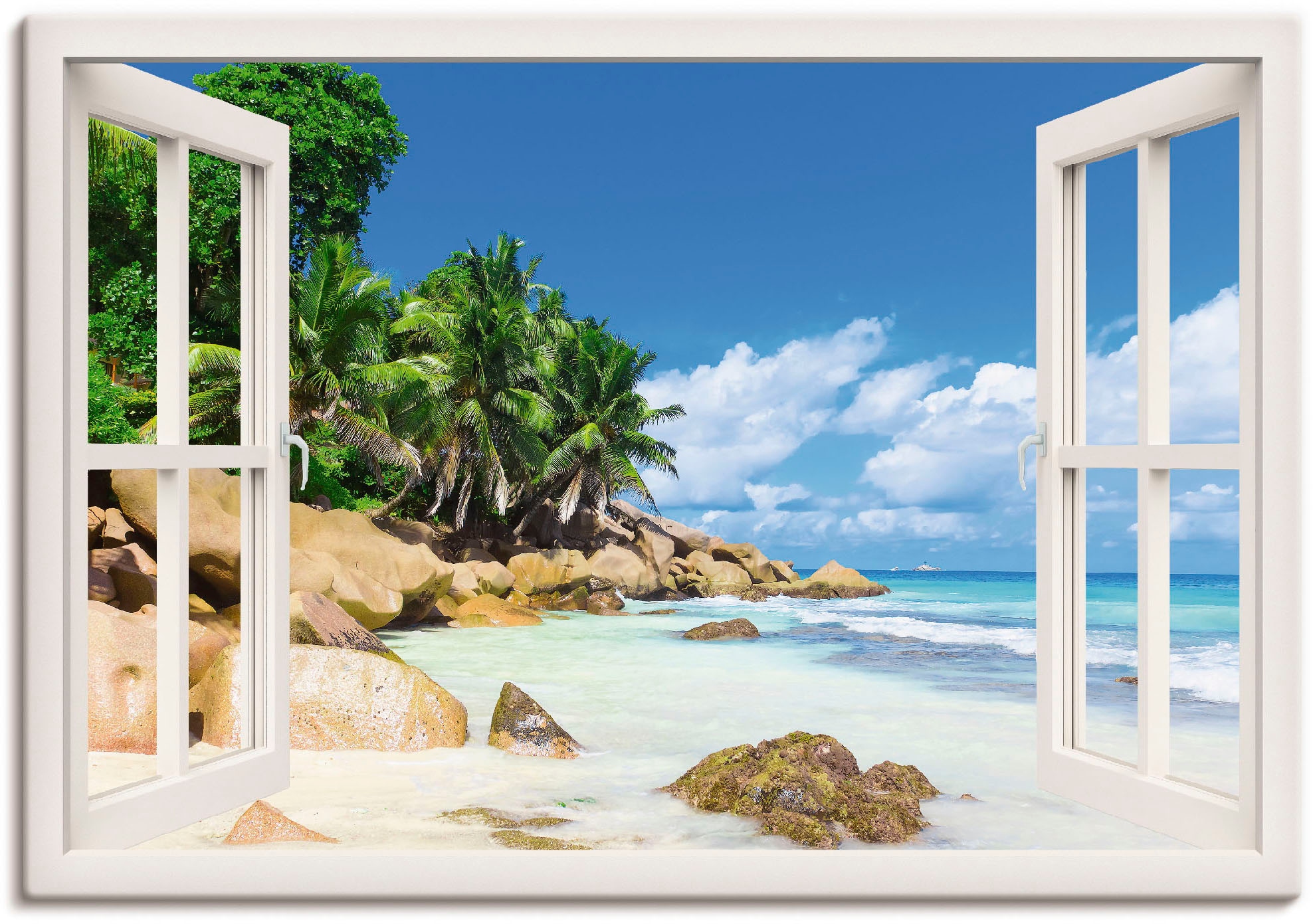 Artland Wandbild »Küste mit Palmen durchs Fenster«, Karibikbilder, (1 St.),  als Alubild, Leinwandbild, Wandaufkleber oder Poster in versch. Größen auf  Raten bestellen