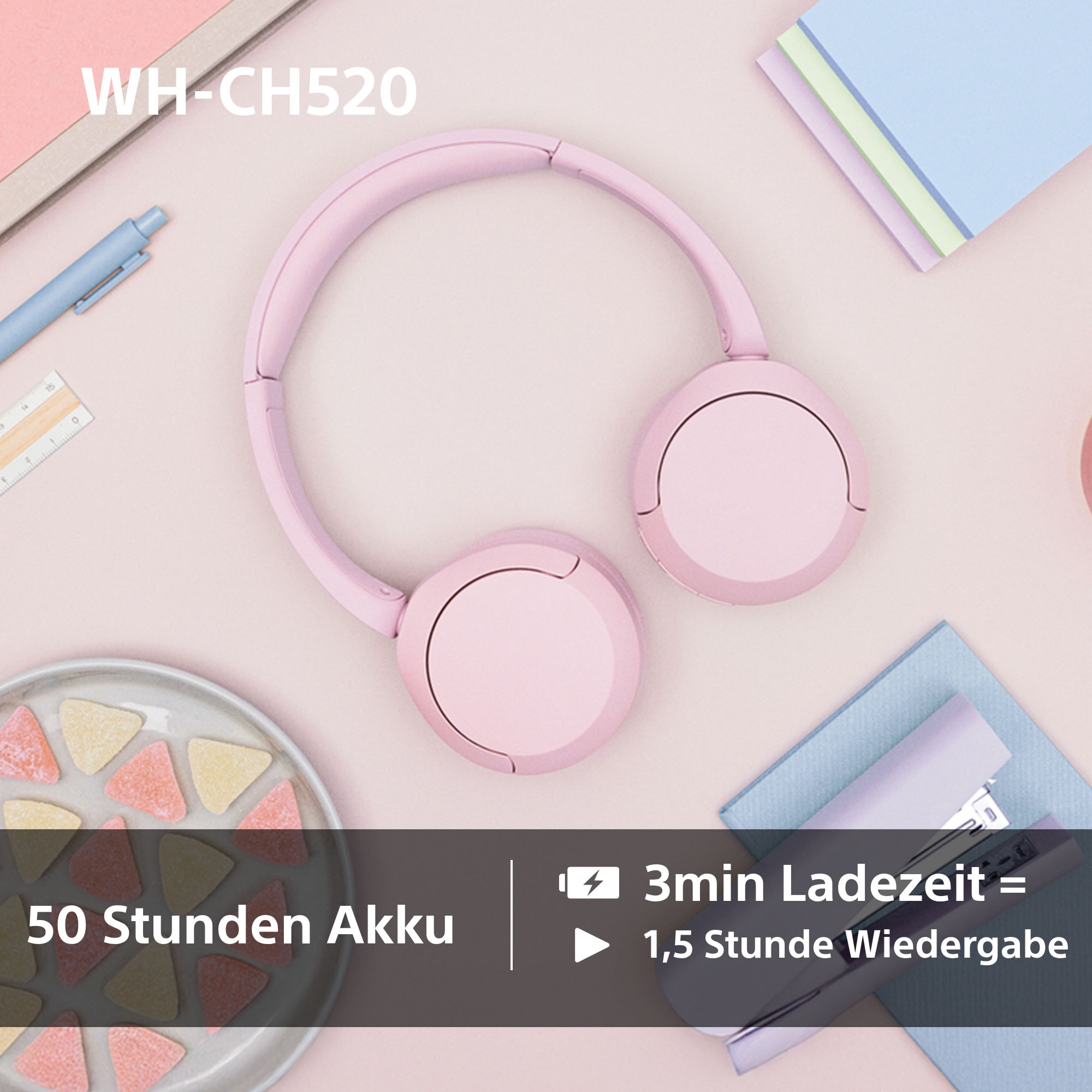 Sony Bluetooth-Kopfhörer »WHCH520«, Bluetooth, Noise-Cancelling-Active Noise Cancelling (ANC)-Freisprechfunktion-Rauschunterdrückung-Sprachsteuerung-kompatibel mit Siri, 200 Std. Max. Akkulaufzeit (Standby)