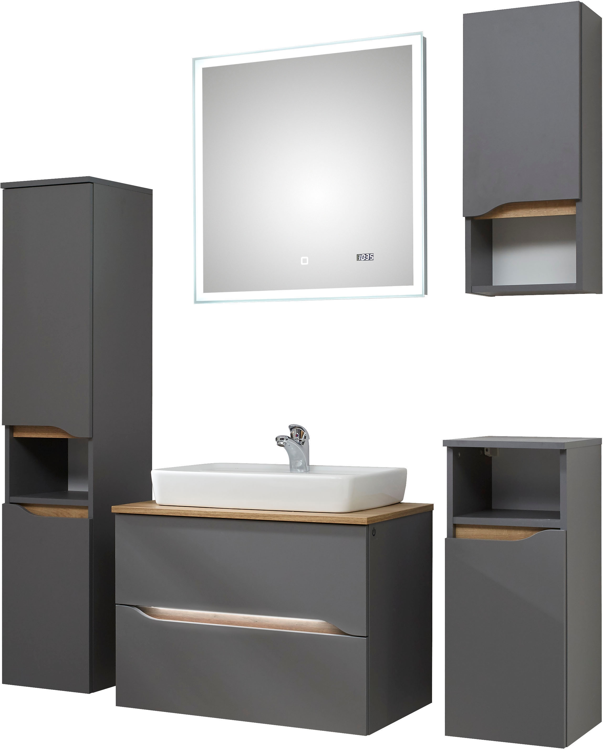 Saphir Badmöbel-Set »Quickset 2-teilig, Keramik-Aufsatzbecken mit LED-Spiegel«, (5 St.), Waschplatz 73 cm breit, inkl. Türdämpfer, 2 Schubladen