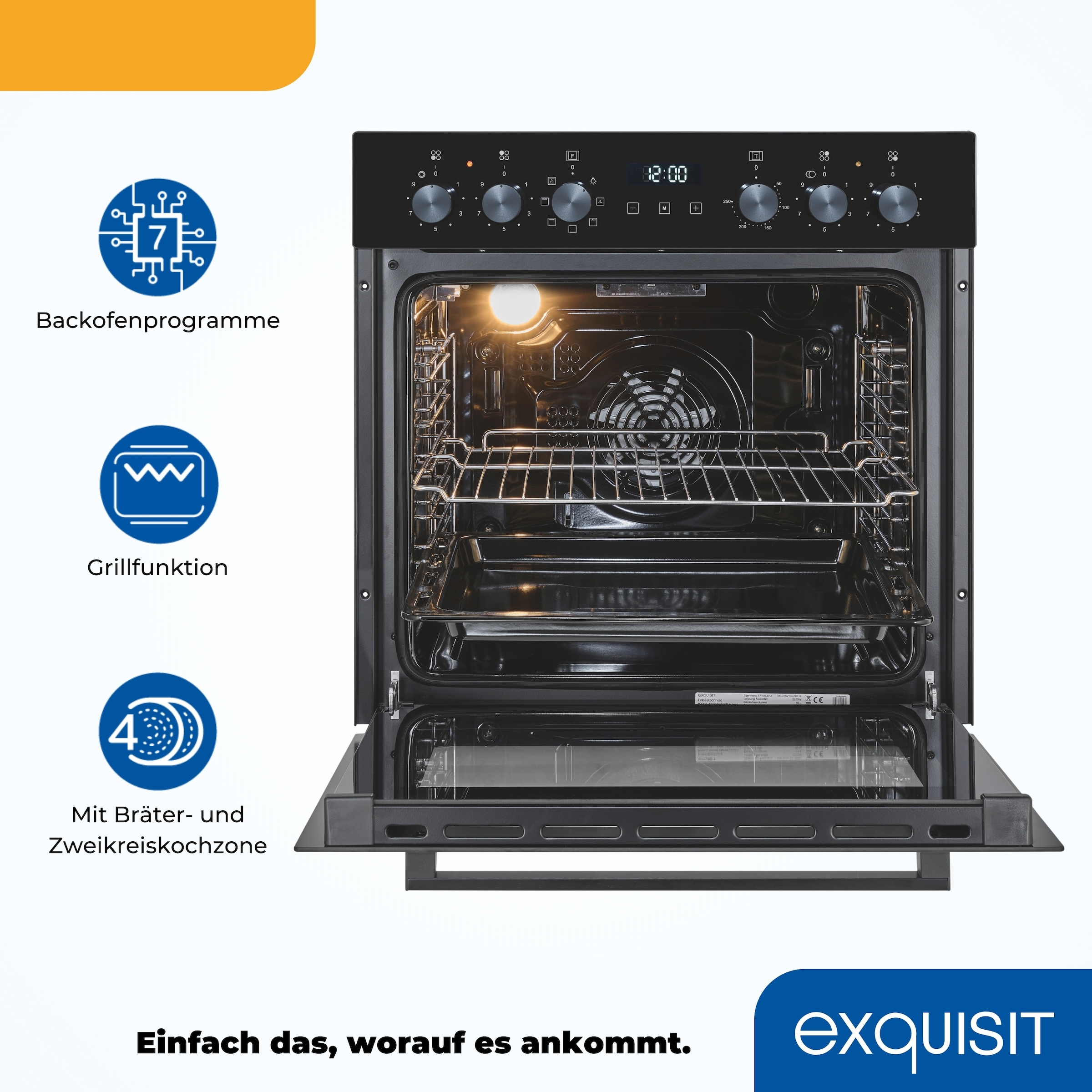 exquisit Backofen-Set »EHE258-UBZ-020-Set schwarz« Backofen | Glaskeramikkochfeld, 2 Stk. tlg. Vielseitiger Grill und 4-Zonen-Glaskeramikkochfeld – einfach & sicher!