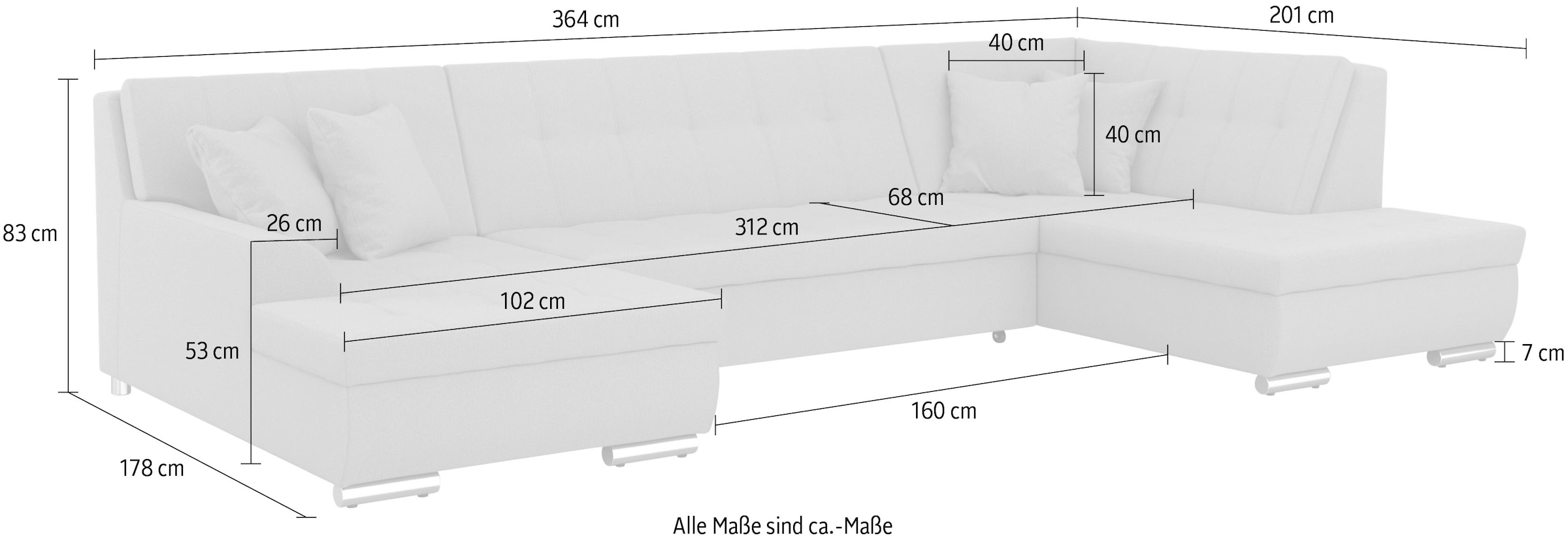 DOMO collection Wohnlandschaft »Treviso incl. Zierkissen, moderne Steppung, XXL: B/T/H: 364/201/83 cm«, wahlweise mit Bettfunktion, in vielen Bezugsarten auch in Cord U-Form