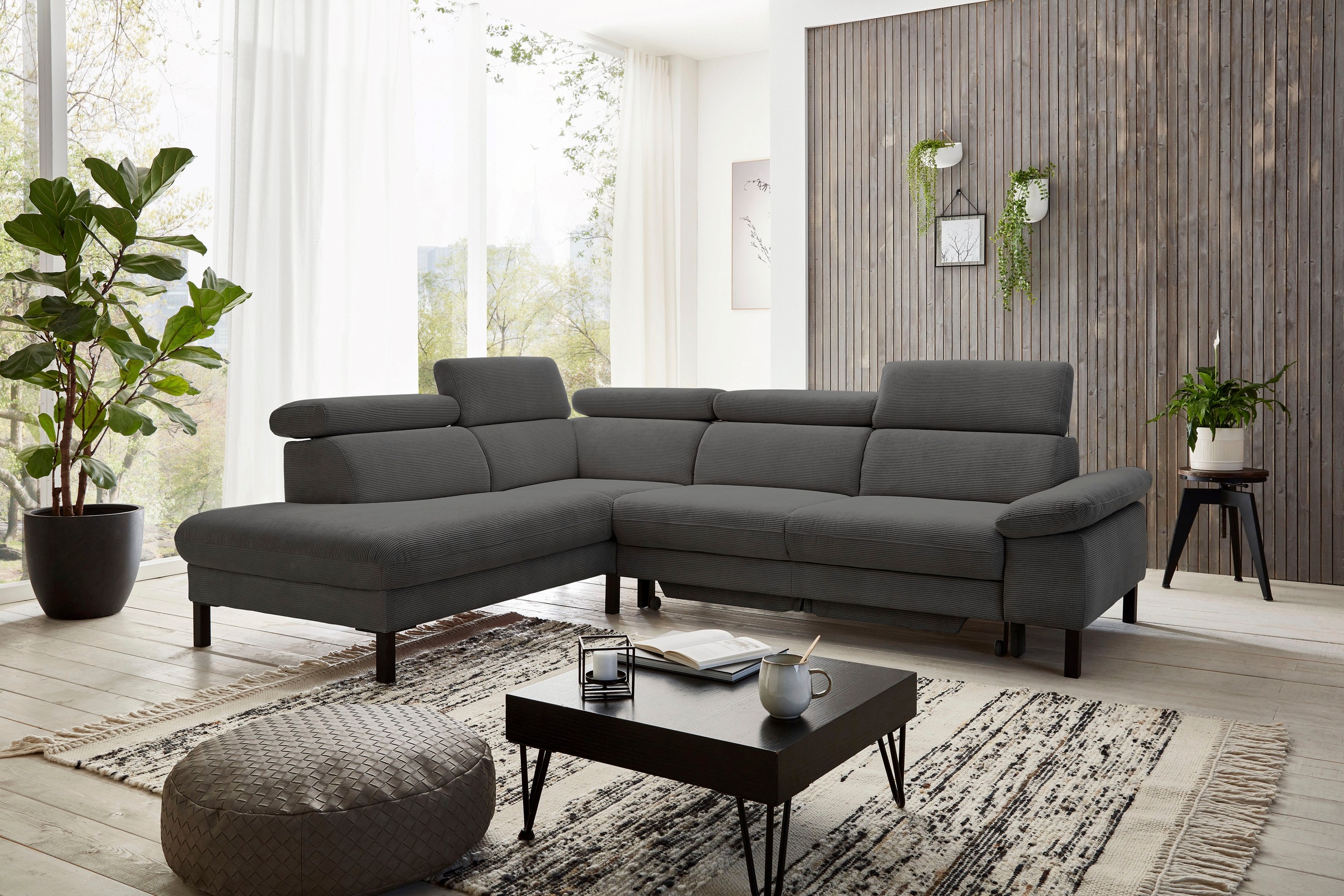 Home affaire Ecksofa »Arnayon mit Querschläfer-Bettfunktion, Schlafsofa, großer Bettkasten«, manuelle Kopfteilverstellung, Tonnentaschen-Federkern, Feincord L-Form