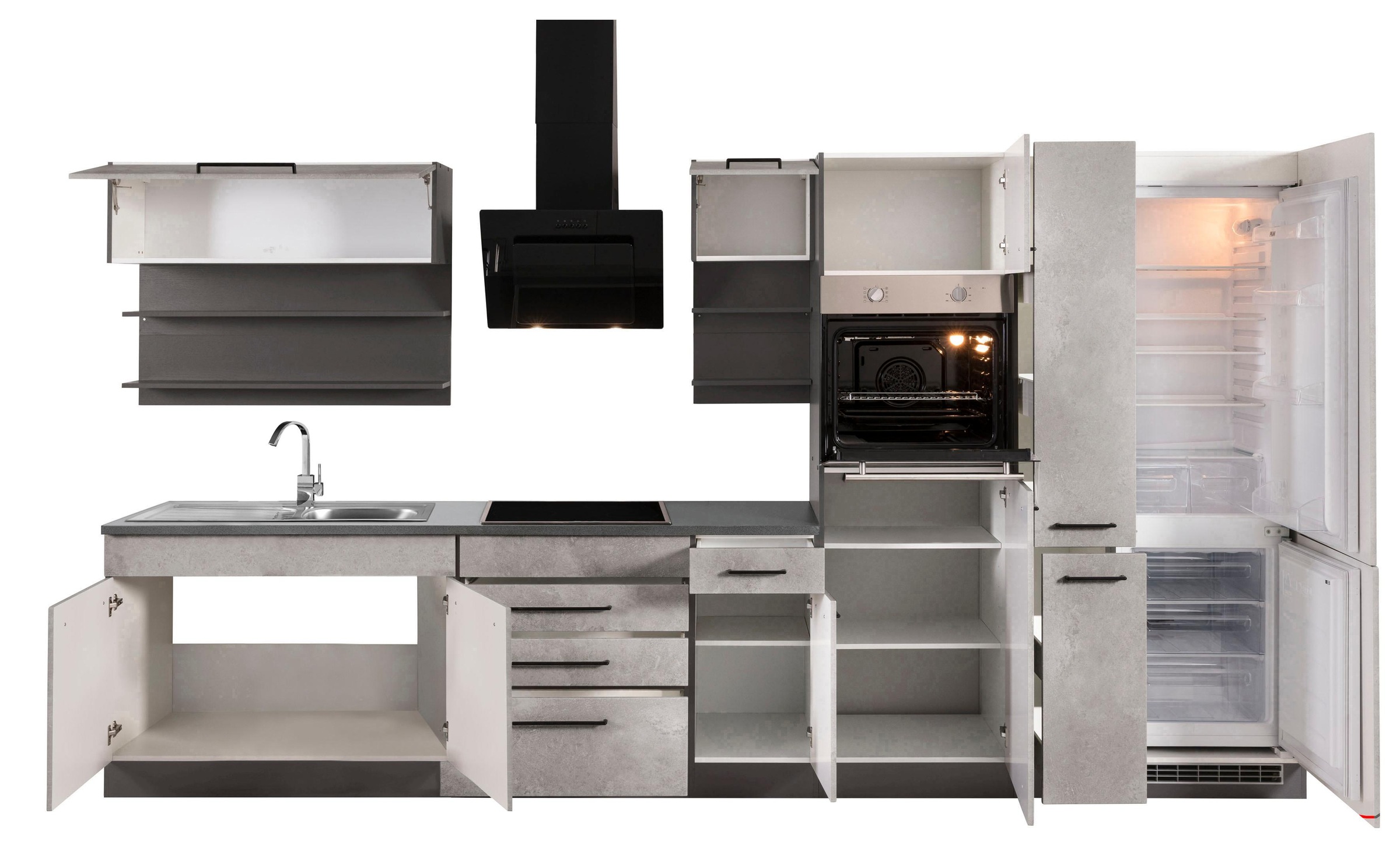 KOCHSTATION Küchenzeile »KS-Tulsa«, mit E-Geräten, Breite 380 cm, schwarze Metallgriffe, MDF Fronten