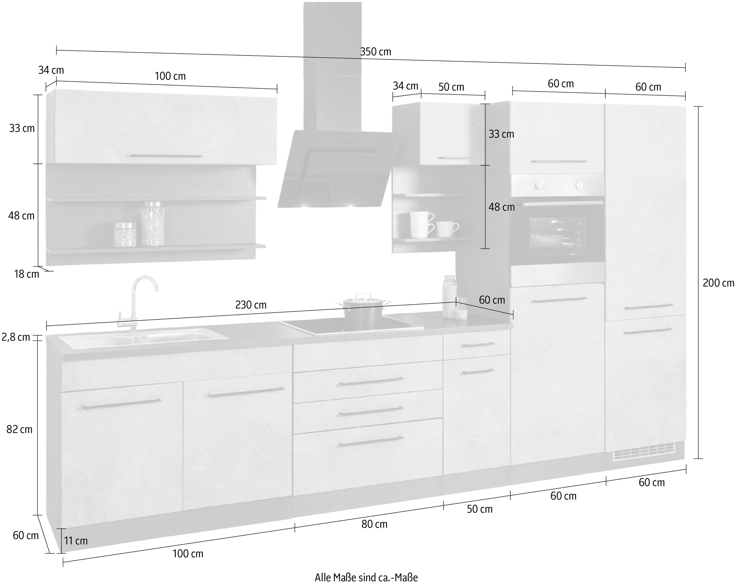 HELD MÖBEL Küchenzeile »Tulsa«, Fronten mit Metallgriffe, schwarze bestellen Raten cm, 350 MDF Breite auf E-Geräten