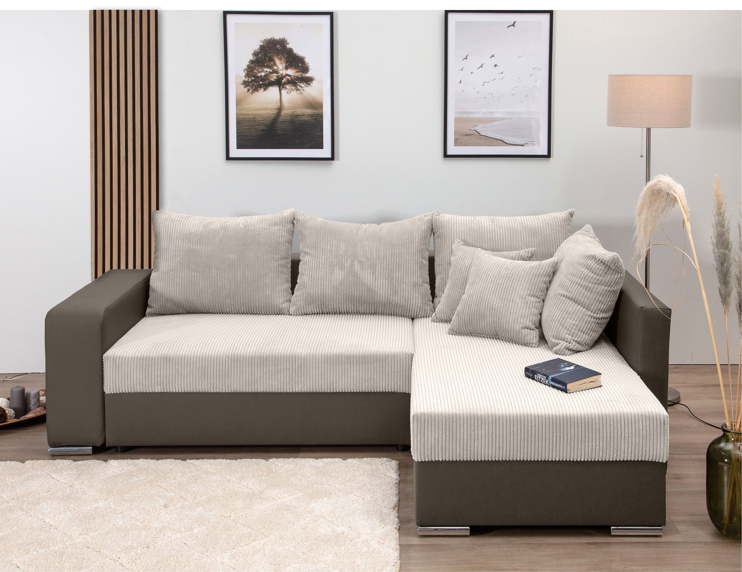 COLLECTION AB Ecksofa »L-Form«, Regalarmlehne mit LED RGB Beleuchtung,Bettfunktion und Bettkasten