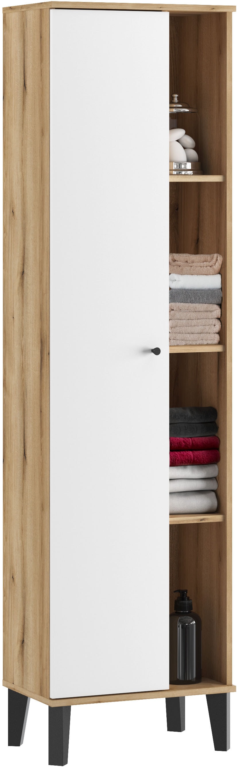 INOSIGN Stauraumschrank »Oslo, Badschrank mit Knopfgriff, Hochschrank im skandinavischen Design«, in der Türfarbe Weiß oder Grau verfügbar, ausreichend Stauraum