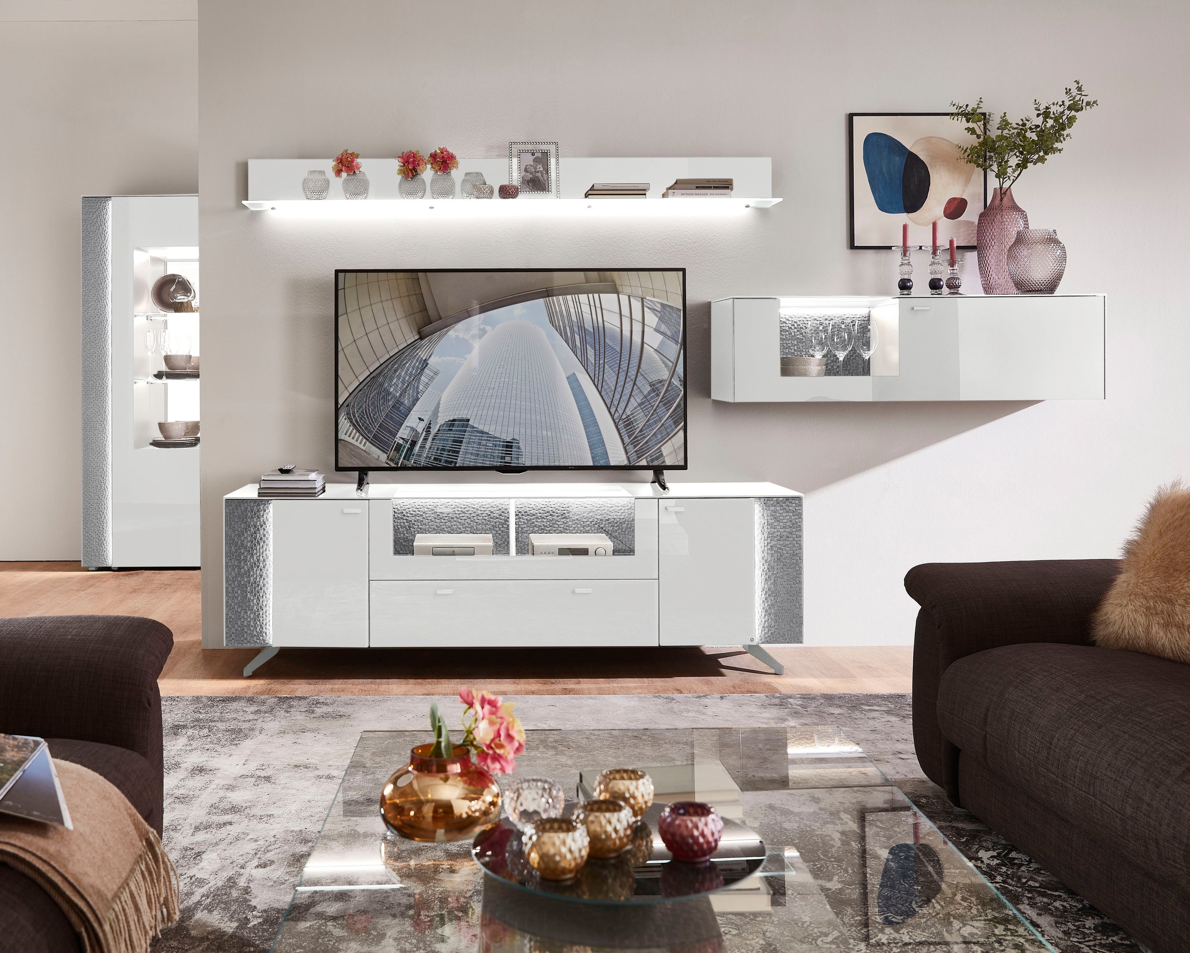 LEONARDO Lowboard »AUREA« mit Pailletten-Akzent, wahlweise mit Beleuchtung Lack weiß/Paillette silber metallic