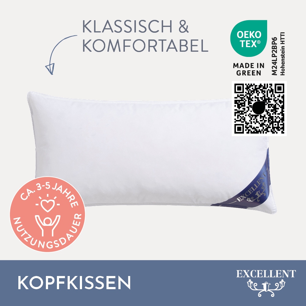 Excellent Kopfkissen »Venedig«, Füllung: weiße neue Federn und Daunen, Klasse I, 85% Federn / 15% Daunen, Bezug: Köper-Inlett, 100% Baumwolle, (Spar-Set, 2 St., 2 Kopfkissen), Kopfkissen 40x40, 40x80, 80x80, allergiker geeignet (Hausstaub)