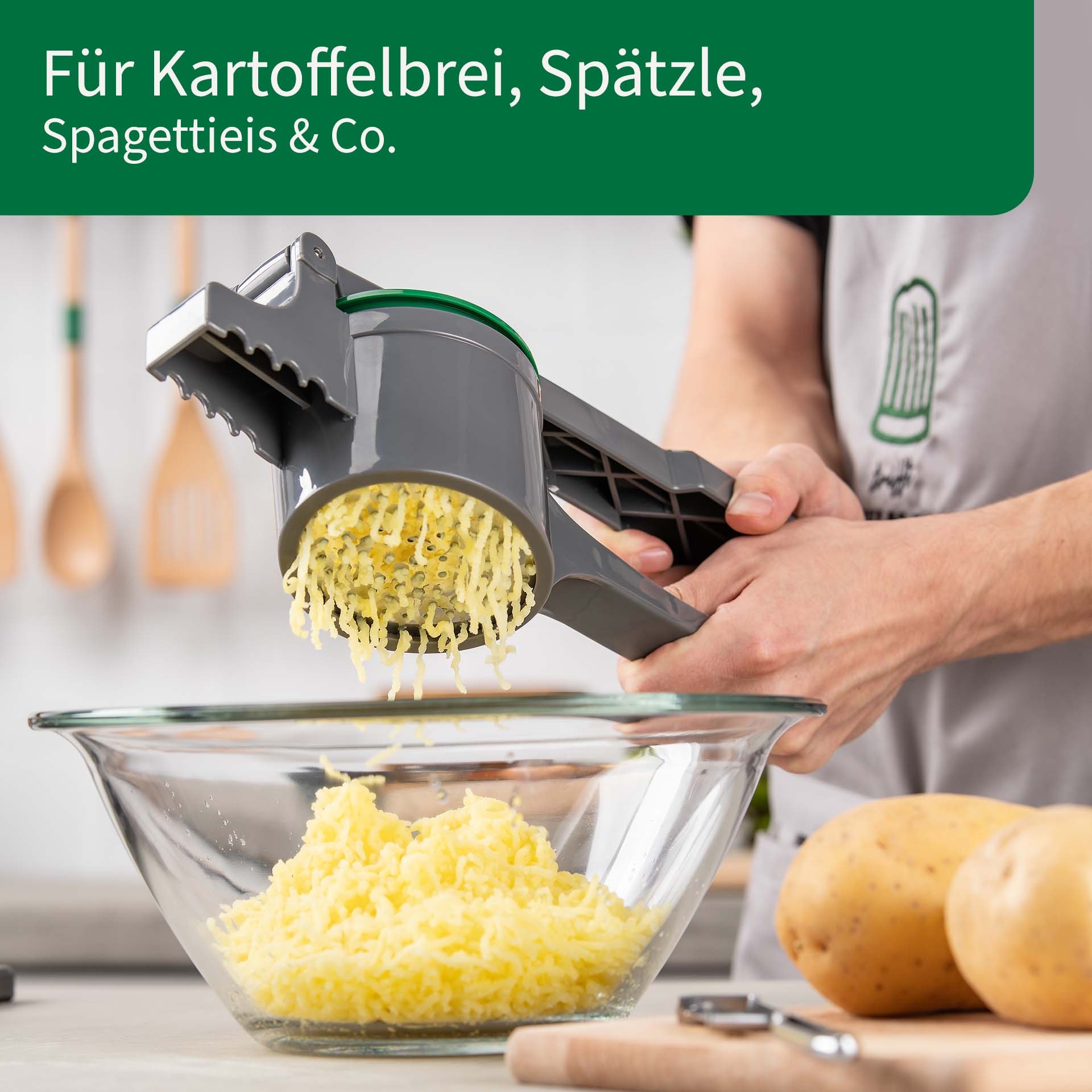 Chefkoch trifft Fackelmann Spätzlepresse »Presse für Kartoffeln, Spätzle, Spaghettieis & Co« Presse inkl. 3 Lochscheiben mit verschiedenen Stärken (2 - 3 mm)