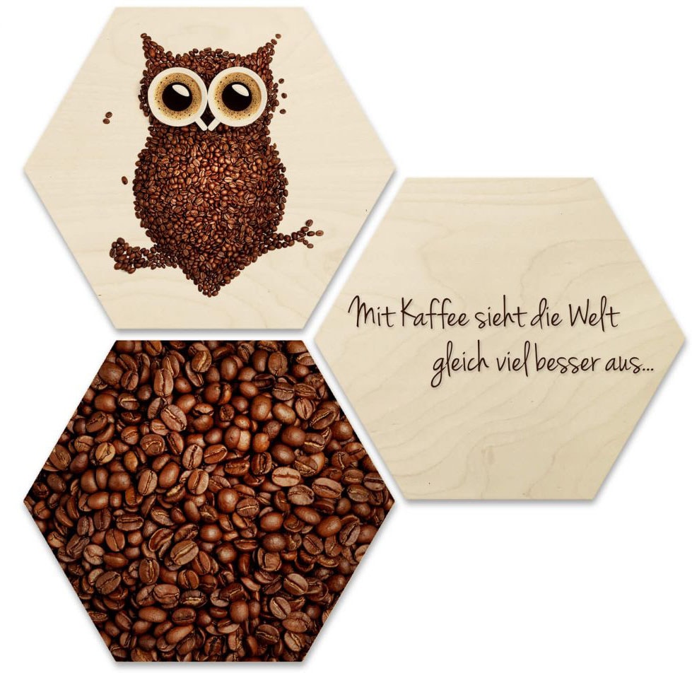 Bilder Kaffee (Set, Wall-Art 3 St.) auf Rechnung Eule Mehrteilige »Collage bestellen Holzdeko«,